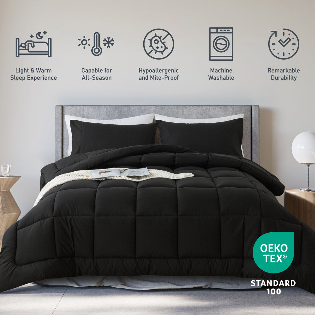 Heavyweight Warmth Queen Size 3-Piece All-Season Down Alternative Comforter Set Deep Black (Comforter and Pillowcase Bedding Set / bed i... - Cloud-Like Soft Lightweight Bed Comforter Detail