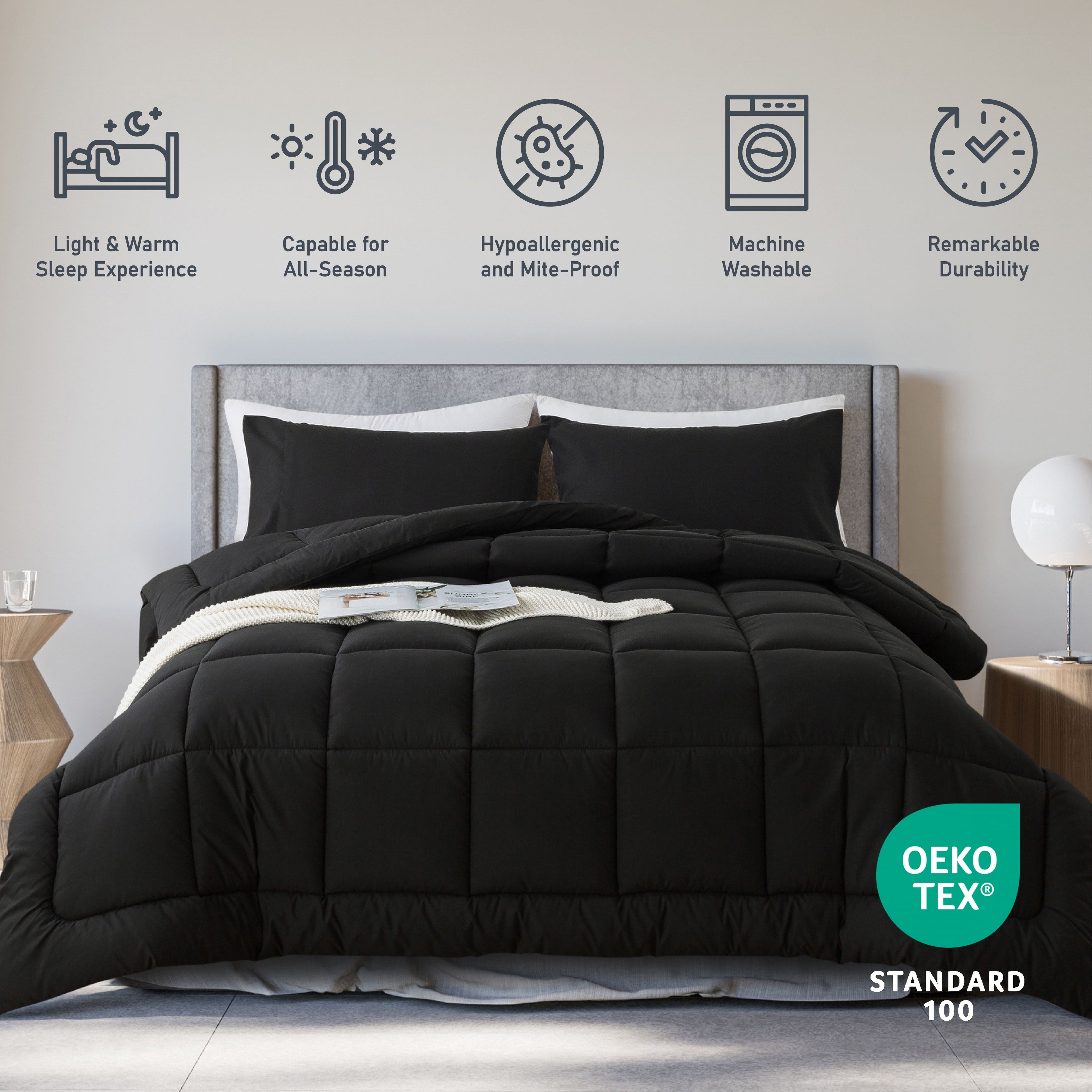 Heavyweight Warmth Queen Size 3-Piece All-Season Down Alternative Comforter Set Deep Black (Comforter and Pillowcase Bedding Set / bed i... - Cloud-Like Soft Lightweight Bed Comforter Detail