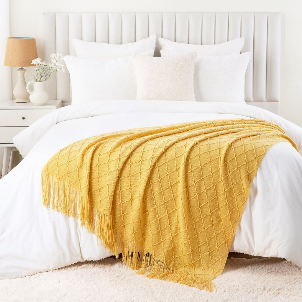 Decorative Knitted Mustard Throw Blanket for Couch,Gold Yellow Knit Throw with Fringe,Outdoor Throw ,50"x60" - Lightweight Plush Warm Blanket for All Seasons Detail