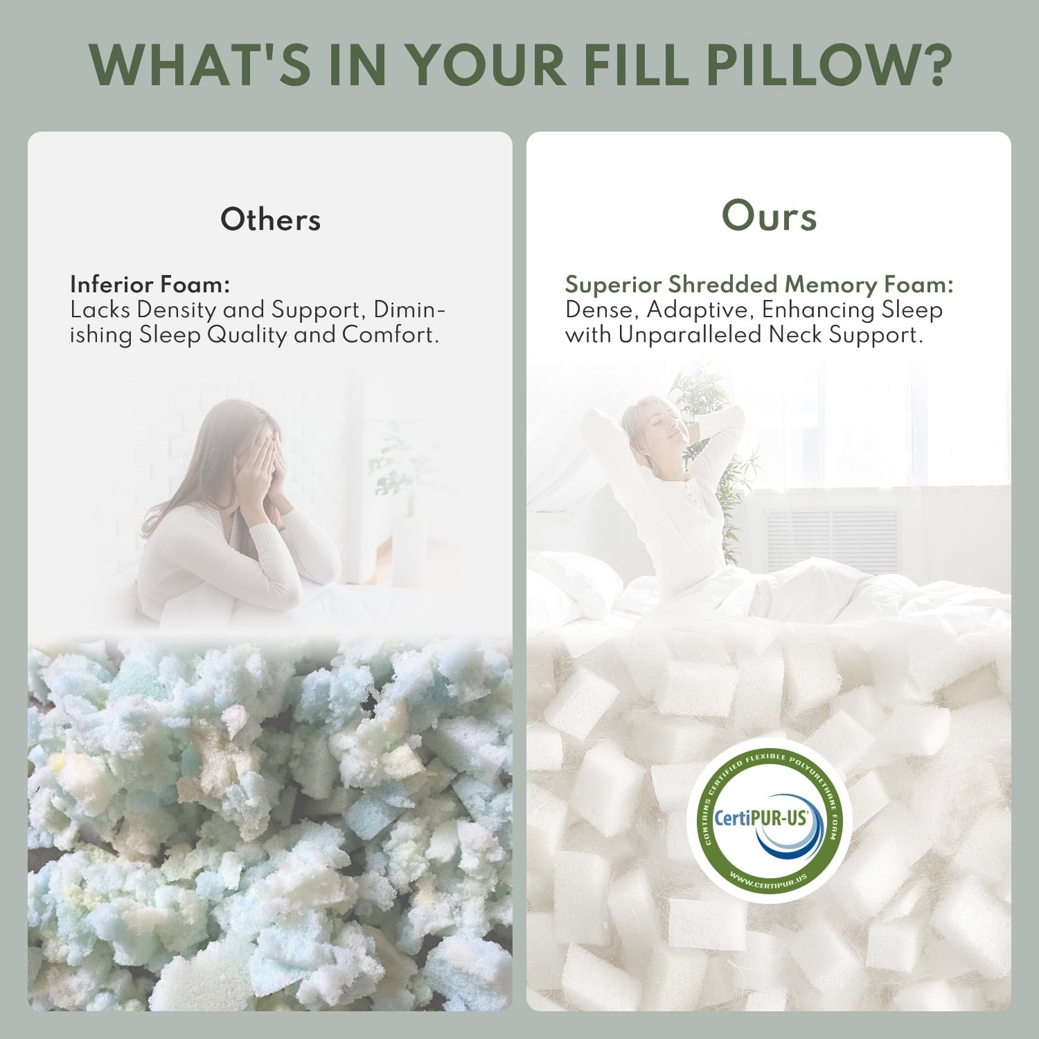 Orthopedic Support Queen Size Bed Pillows 4-Pack,3.3lb Shredded Memory Foam Filled,Hyper Soft & 3D Breathable Cooling Desigh Cover Fitti... - Orthopedic Shredded Foam Bed Pillow Set Detail