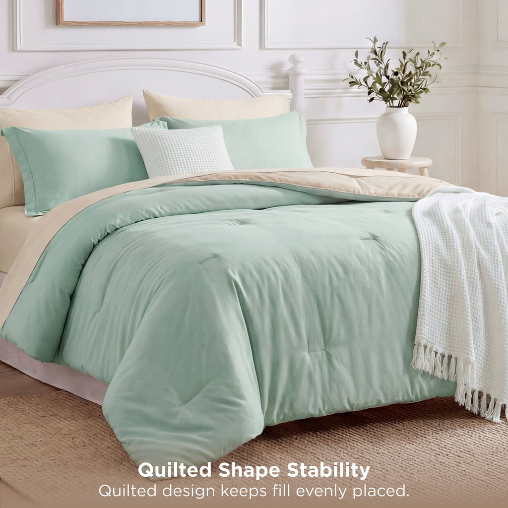 All-Season Queen Comforter Set Sage Green, 7 Pieces Lightweight Queen Bedding Sets, Contrasting Design - All-Season Down Alternative Comforter Insert Detail