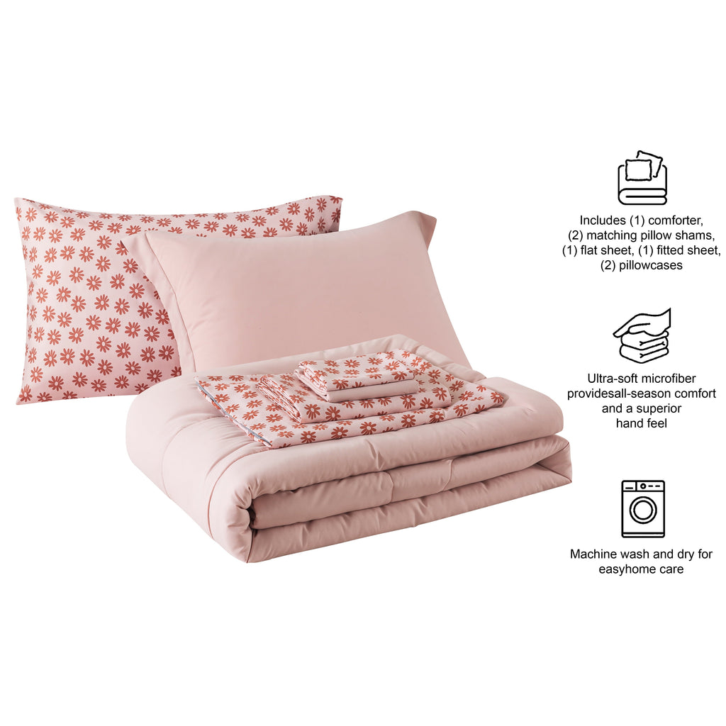 Hypoallergenic Cloud 7-Piece Reversible Bed in a Bag Comforter Set with Sheets, Pink, Queen - Hypoallergenic Ultra-Fluffy Quilt for Winter Detail