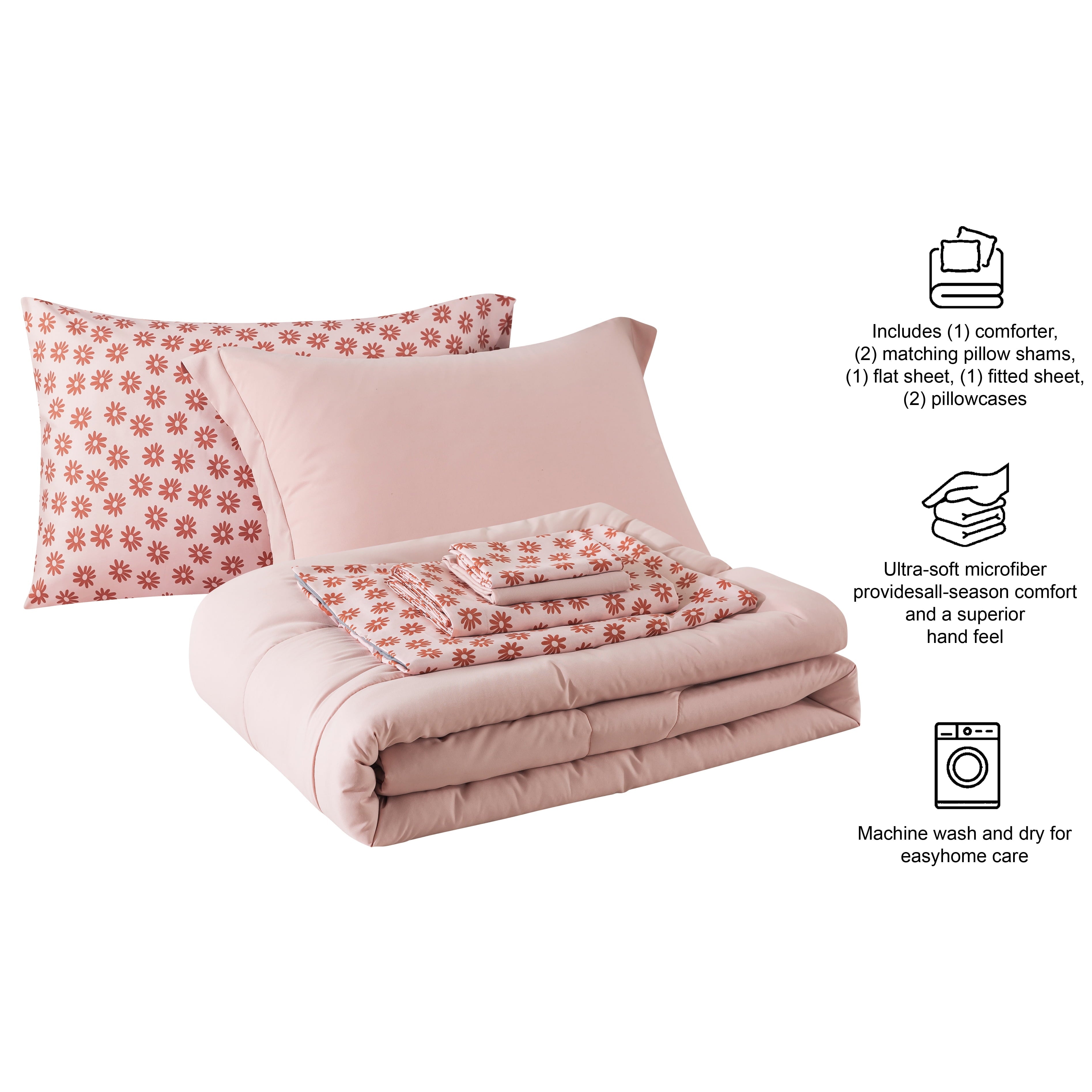 Hypoallergenic Cloud 7-Piece Reversible Bed in a Bag Comforter Set with Sheets, Pink, Queen - Hypoallergenic Ultra-Fluffy Quilt for Winter Detail