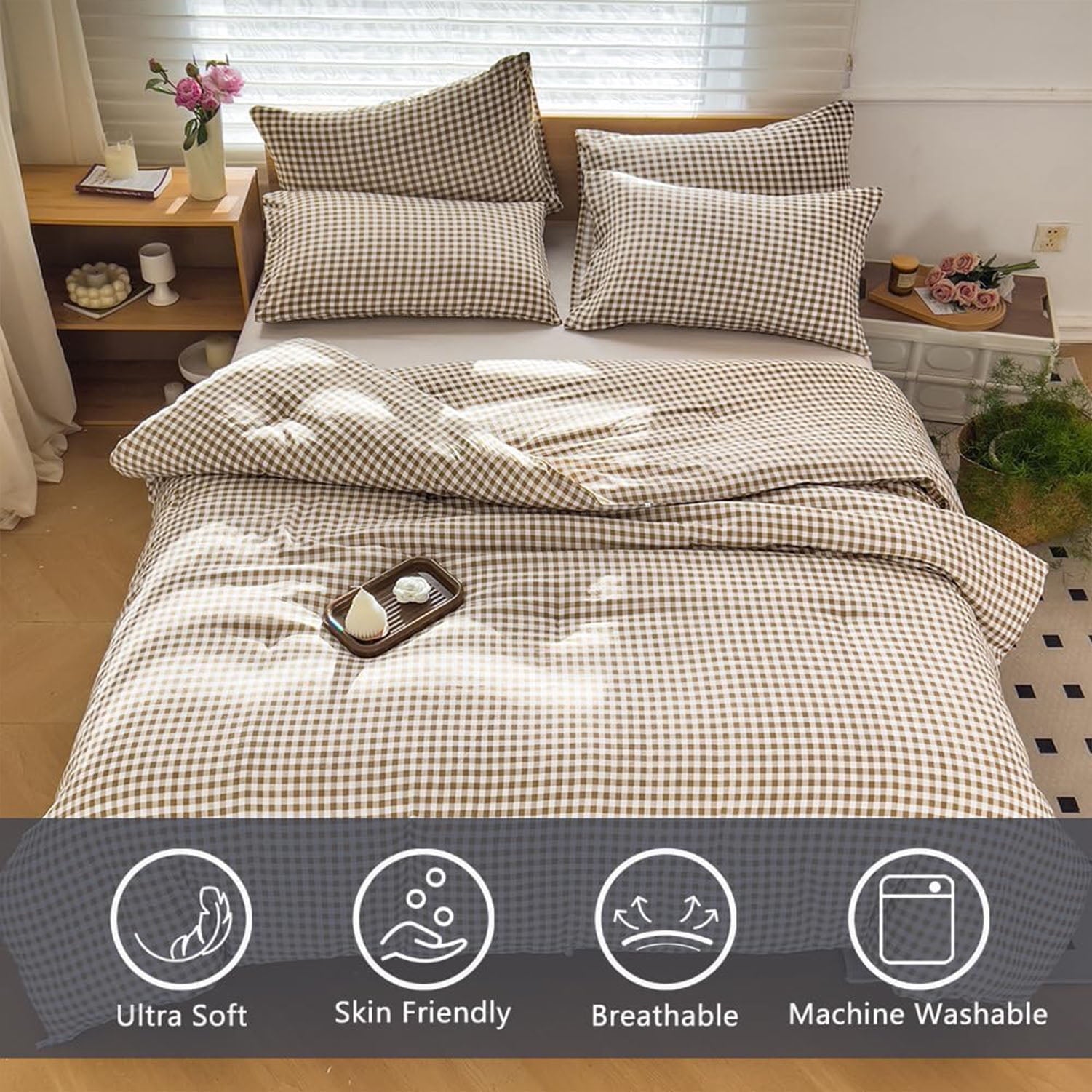 Heavyweight Warmth Tan Gingham Queen Comforter Set, Taupe Plaid Bedding Set, Checked Bed Comforter 3 Pieces(Tan Gingham, Queen) - Luxurious Quilted Duvet Cover Set Detail