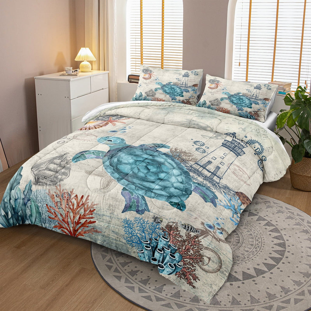 Hypoallergenic Cloud Sea Turtle Comforter Set Queen Ocean Beach Bedding Set Soft and Lightweight Retro Style Design Coastal Bedding Set - Luxurious Quilted Duvet Cover Set Detail