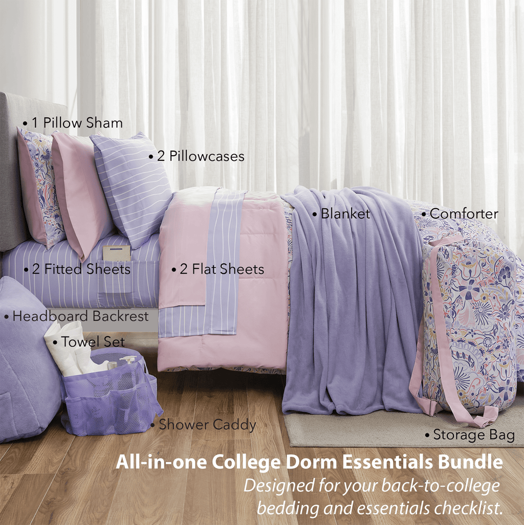 All-Season 14pc College Dorm Essentials Bundle, Twin-XL, Reversible Bed in a Bag Comforter Set, Purple Floral - All-Season Down Alternative Comforter Insert Detail