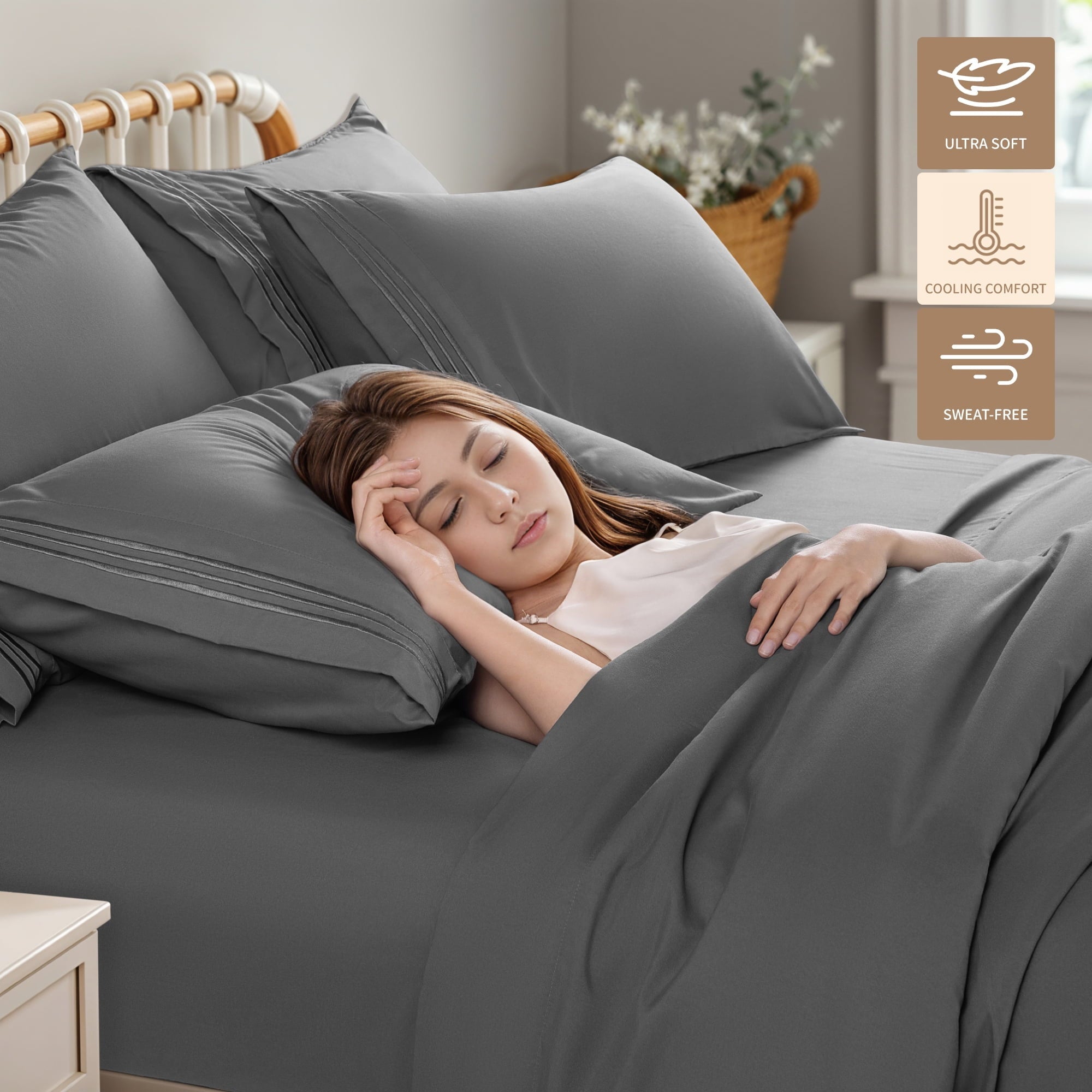 Premium Egyptian Cotton 6 Pieces Bed Sheet Set, 1800 Series Soft Microfiber Queen Sheets with 16" Deep Pocket, Dark Gray - Breathable Egyptian Cotton Flat & Fitted Sheets Detail