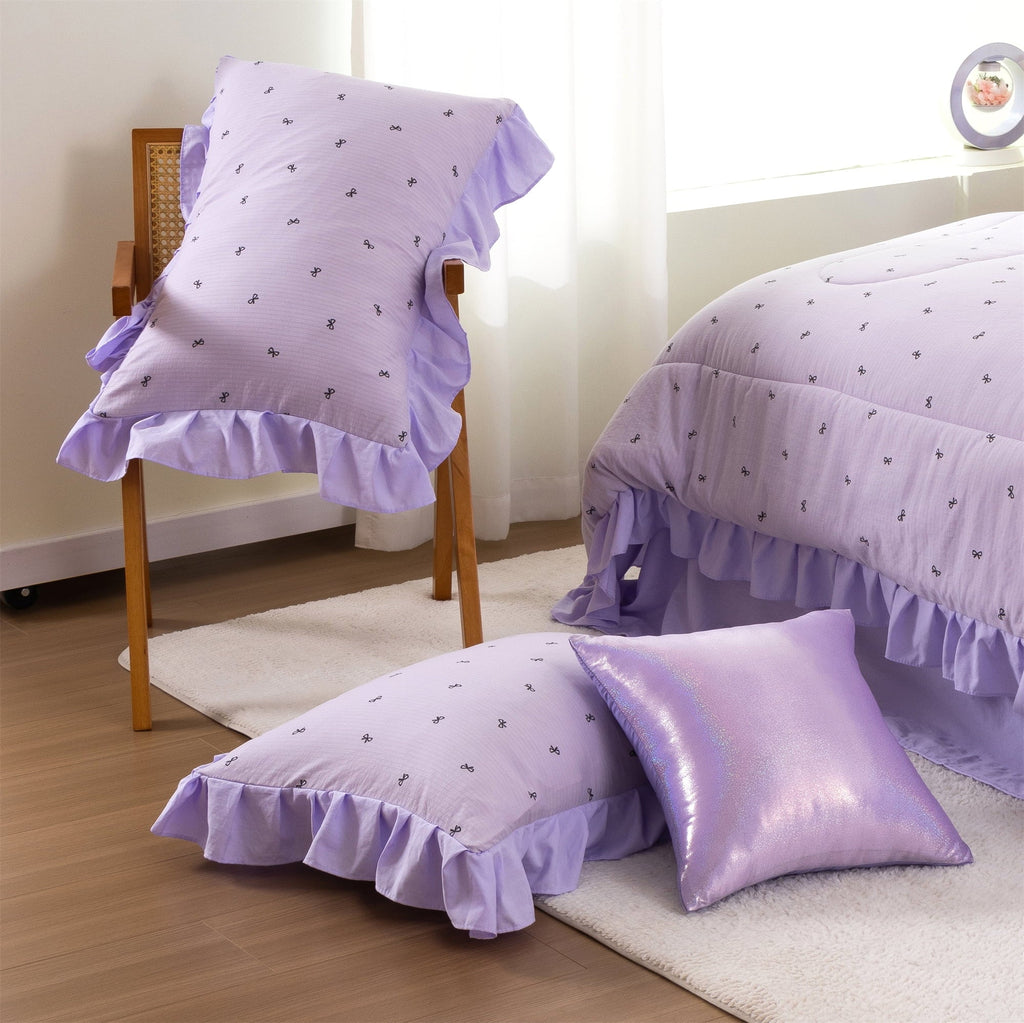 Heavyweight Warmth 6 Piece Delicate Bows Purple Bedding Set Ruffle Princess Style Comforter Set Bed in a Bag - Cloud-Like Soft Lightweight Bed Comforter Detail