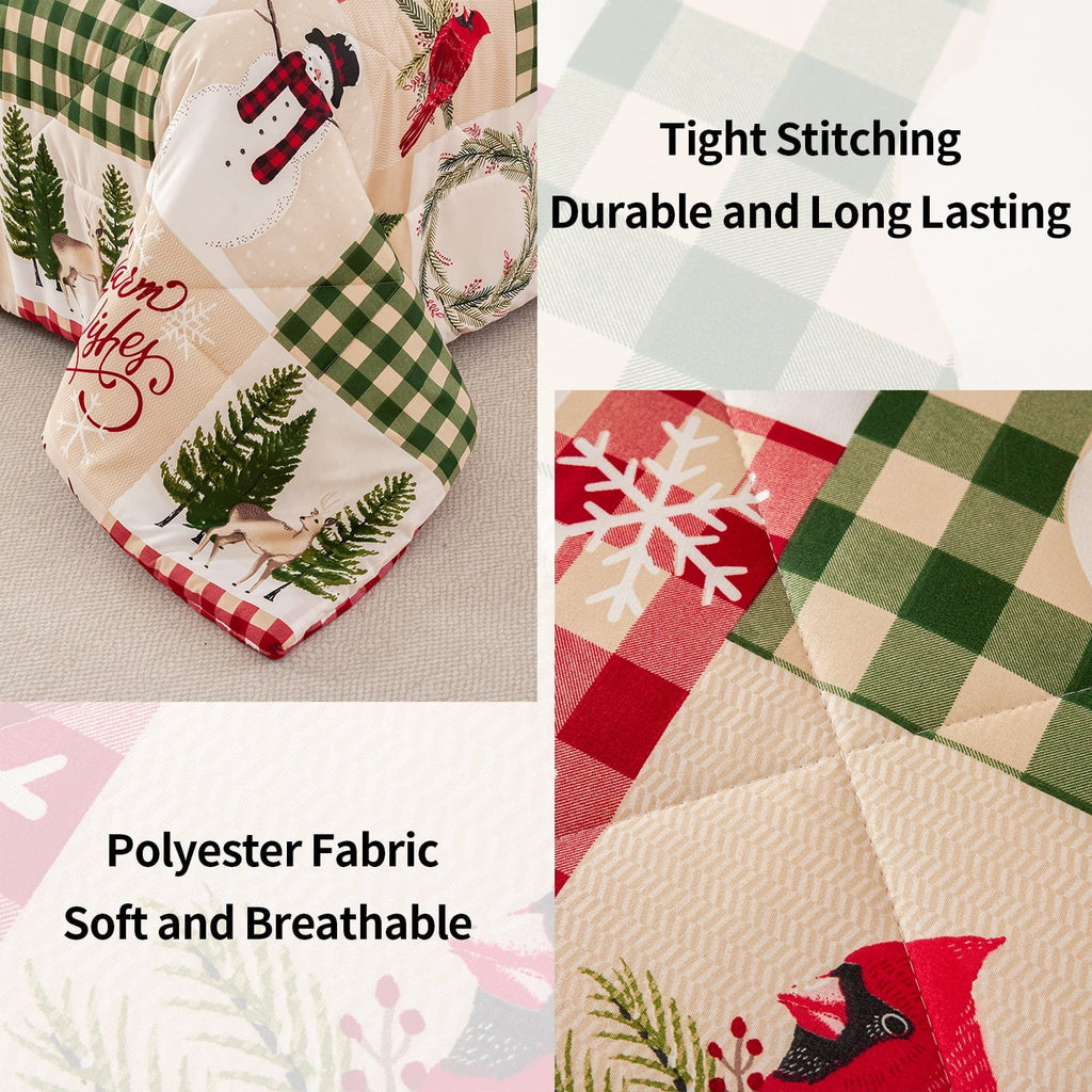 All-Season 3 Pcs Christmas Comforter Set, Bed in a Bag Wreath Snowman Queen/Full Size Xmas Bedding Set Fitted Pillowcases for Adult - Luxurious Quilted Duvet Cover Set Detail