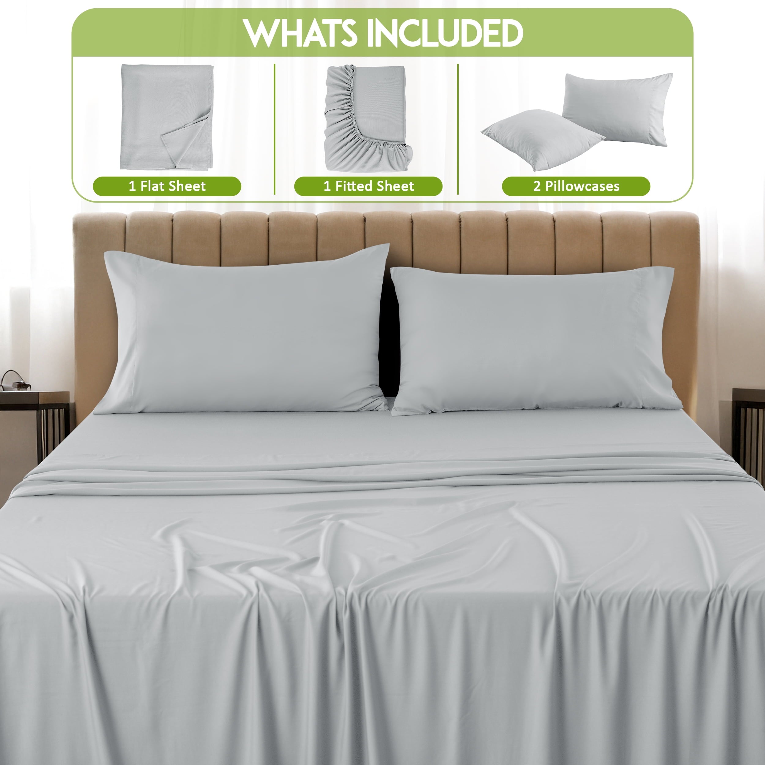 Wrinkle-Resistant Rayon - 4 Piece Cooling Bed Sheets Set, Gray - Premium Ultra-Soft Pillowcase Pair for Sleeping Detail