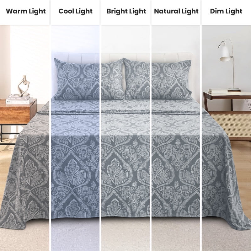 Cooling Sateen Lux Decor 4 Piece Queen Sheet Set, Brushed Microfiber Paisley Printed Bed Sheet Set with up to 16" Deep Pocket Fitted... - Breathable Egyptian Cotton Flat & Fitted Sheets Detail
