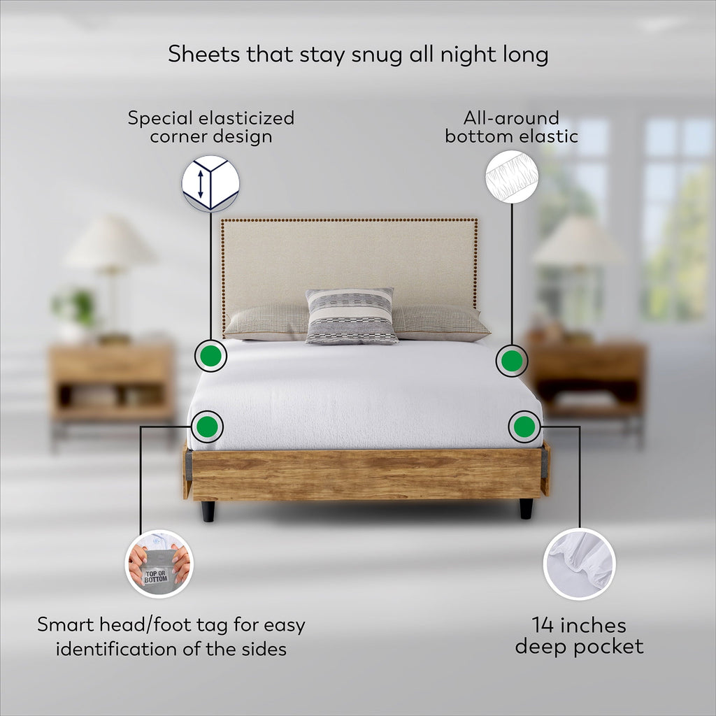 Cooling Sateen Soft Finish Microfiber Percale Queen Bed Sheet Set – 4-Piece Lightweight, Wrinkle-Resistant, Quick-Dry, Light Gray - Cooling Hotel Quality Bedding Sheets and Pillowcases Detail
