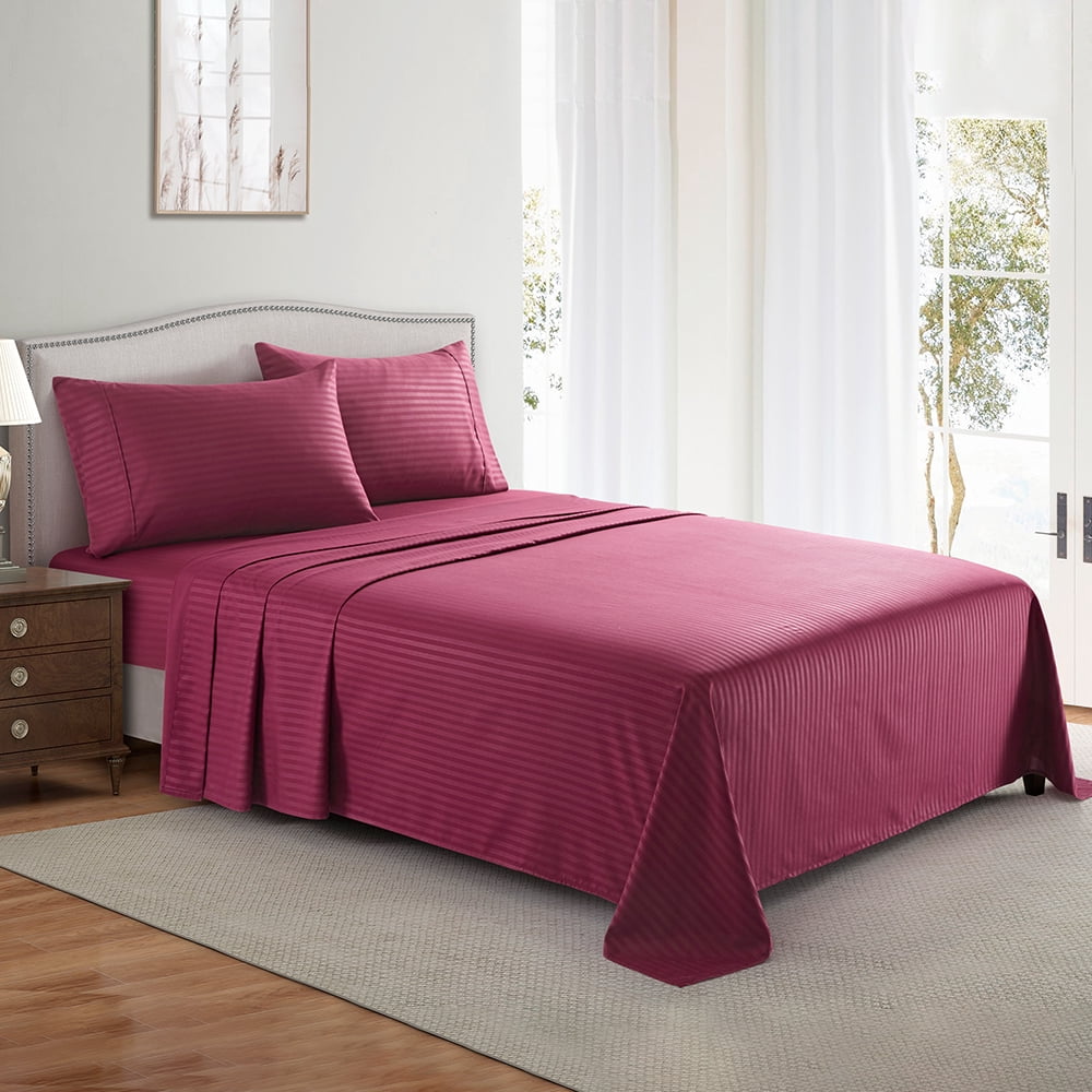 Wrinkle-Resistant Bedding Set with Flat Sheet, Fitted Bed Sheet & Pillowcases, Full Burgundy - Luxury Bed Sheet Set with Deep Pockets Detail
