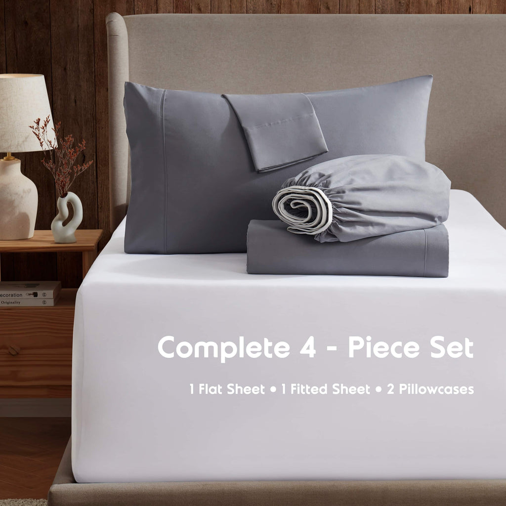 Wrinkle-Resistant Queen Sheets Set, 1800 Series 4 Piece Sheets , Luxury Soft Microfiber Queen Size Bed Sheets Set, Gray - Cooling Hotel Quality Bedding Sheets and Pillowcases Detail