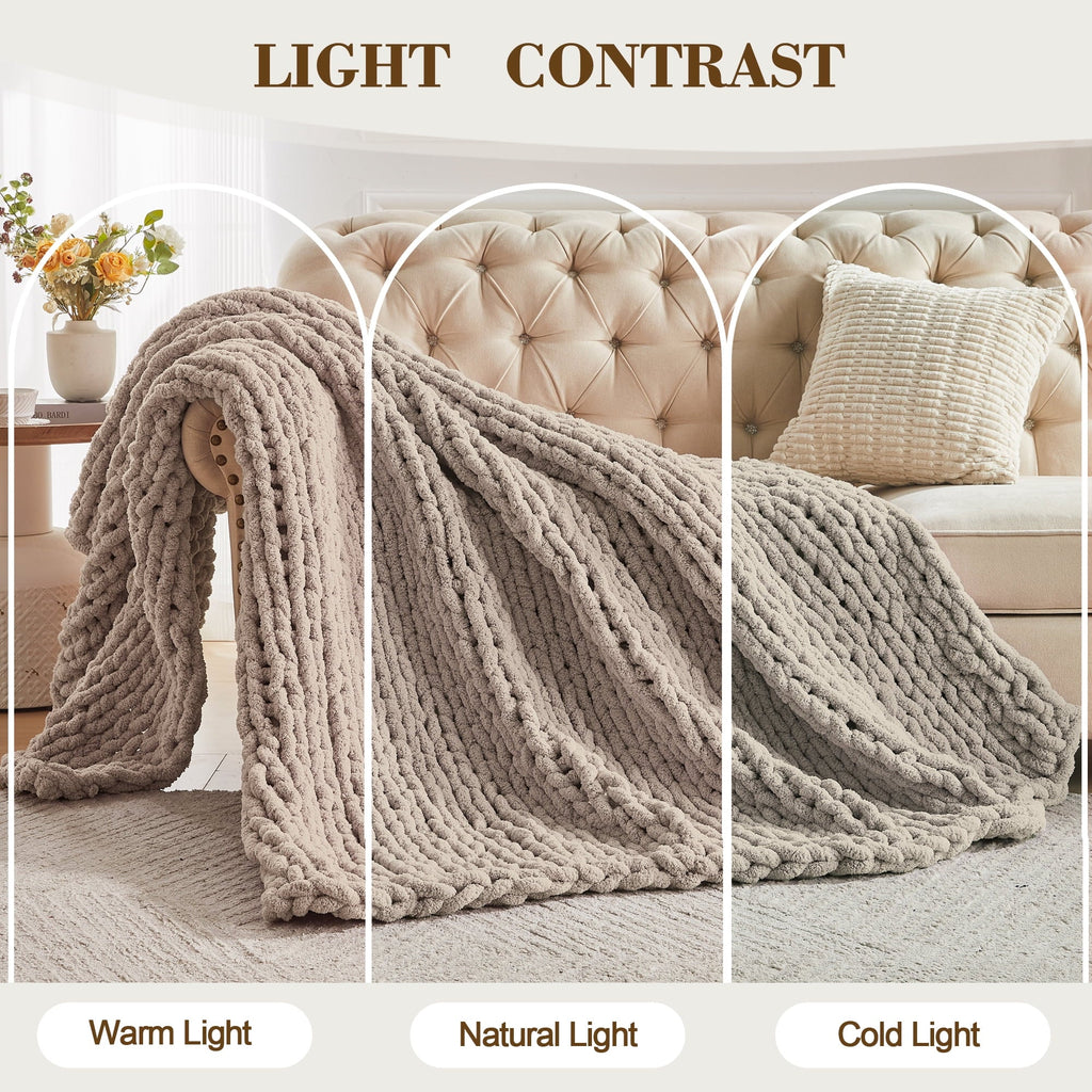 Reversible Sherpa Chunky Knit Throw Blanket Handmade Soft Throws for Couch Sofa Bed, 50" x 60" Taupe - Cozy Fleece Throw Blanket for Couch & Bed Detail