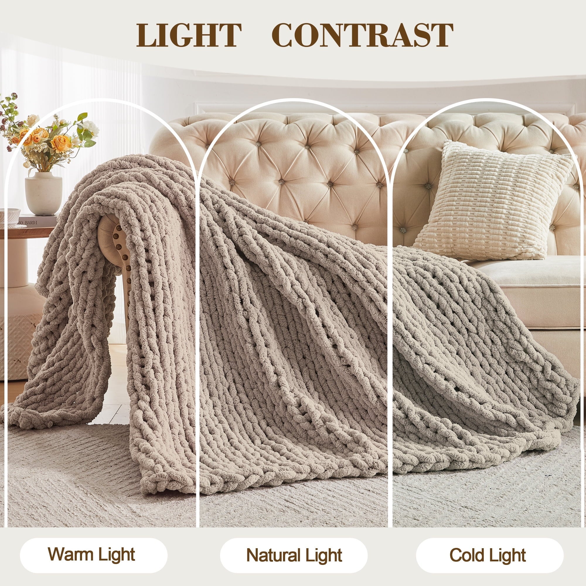 Reversible Sherpa Chunky Knit Throw Blanket Handmade Soft Throws for Couch Sofa Bed, 50" x 60" Taupe - Cozy Fleece Throw Blanket for Couch & Bed Detail