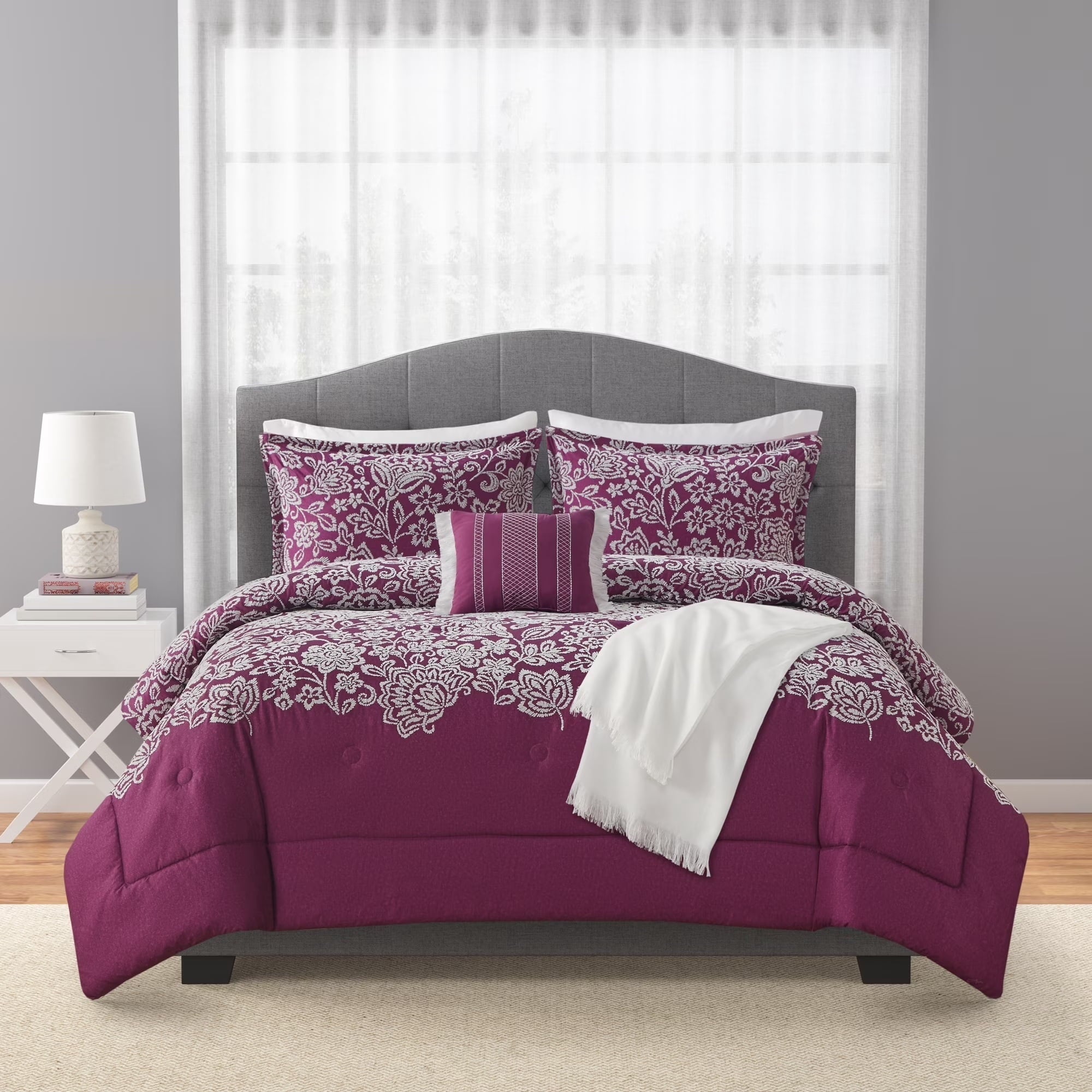 Fluffy Down Alternative 5-Piece Jacquard Comforter Set with Decor Pillow and Throw Purple Flocking Embroidery Bedding Set, Full/Queen - Hypoallergenic Ultra-Fluffy Quilt for Winter Detail