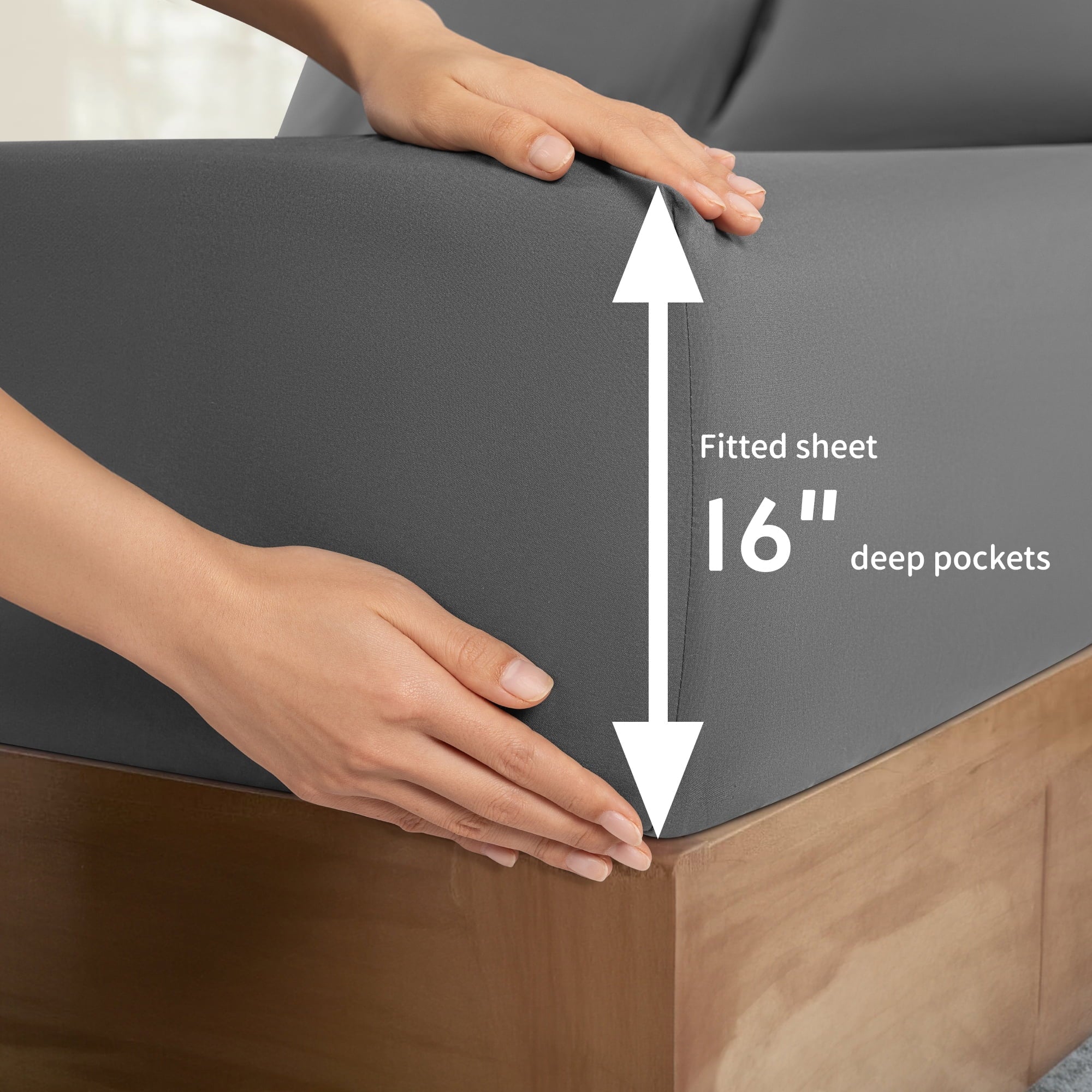 Premium Egyptian Cotton 6 Pieces Bed Sheet Set, 1800 Series Soft Microfiber Queen Sheets with 16" Deep Pocket, Dark Gray - Breathable Egyptian Cotton Flat & Fitted Sheets Detail