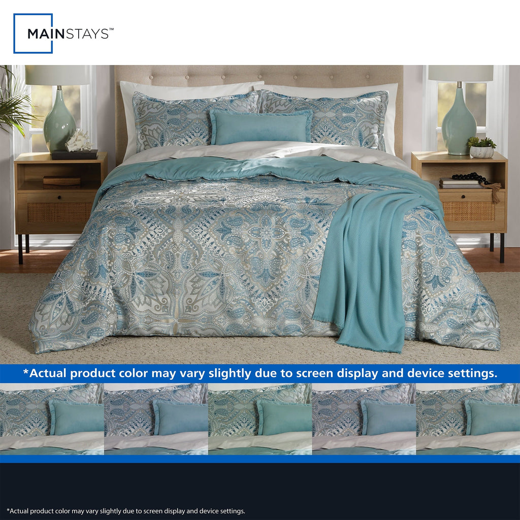 Fluffy Down Alternative Full/Queen Comforter Set, All-Season, 5-Piece, Teal Jacquard Medallion - Luxurious Quilted Duvet Cover Set Detail