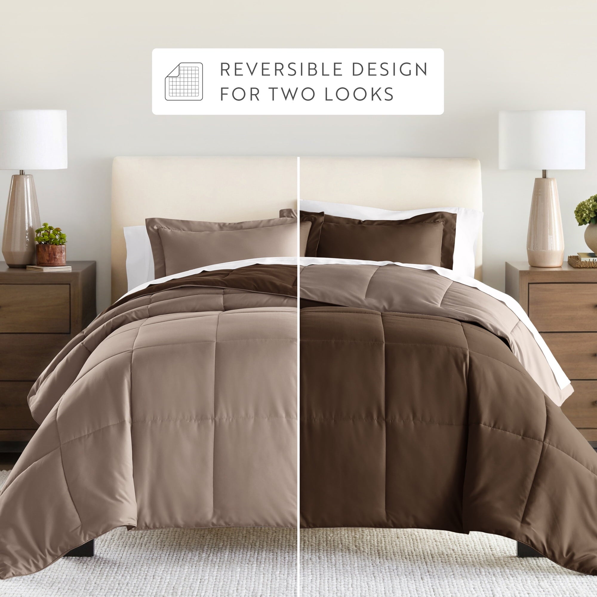 All-Season All Season Reversible Comforter Set Breathable Cool in Taupe & Chocolate Brown Full/Queen Size Bedding - All-Season Down Alternative Comforter Insert Detail