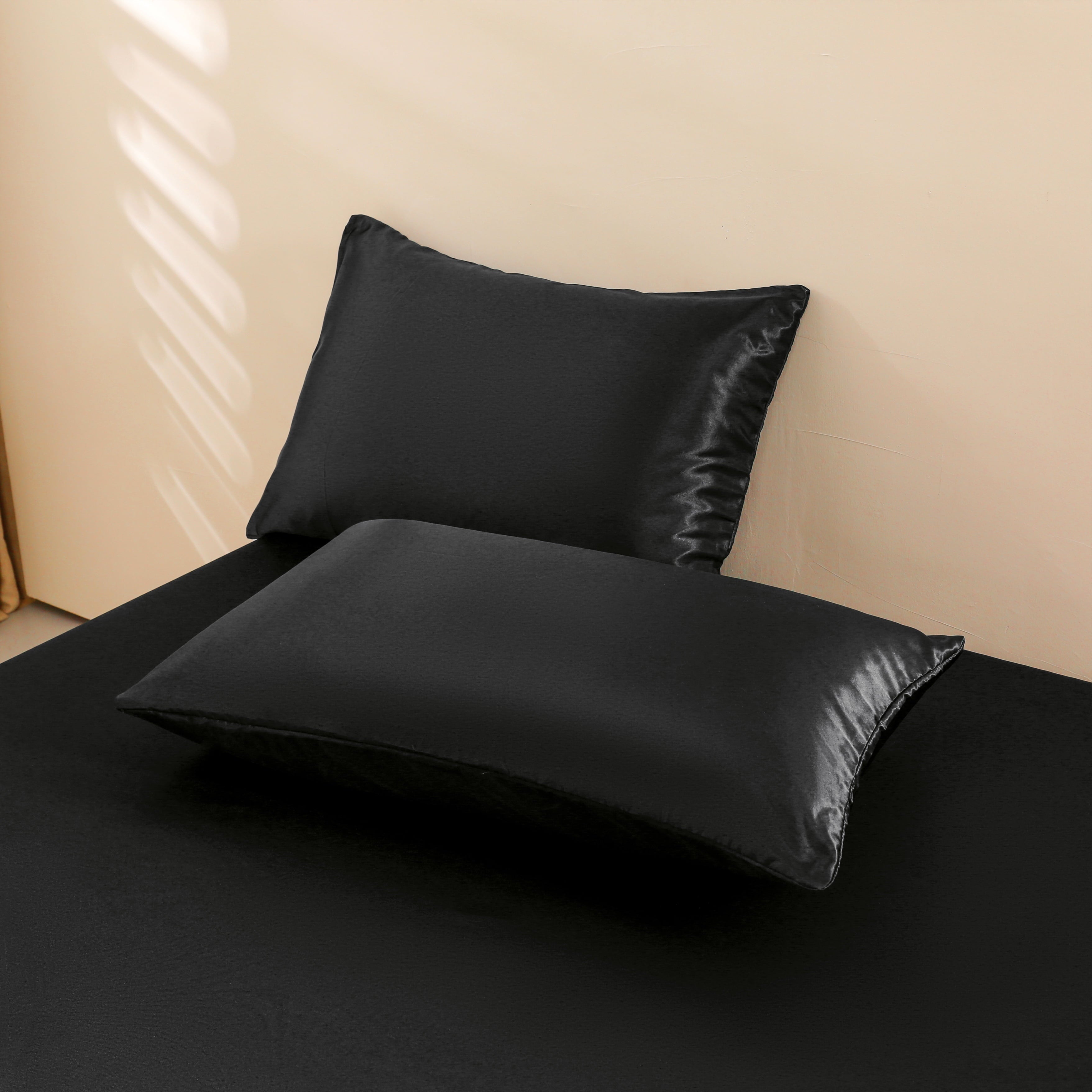 Breathable Luxury 4Pcs Black Satin Sheets Queen Set Silk Sheets 13" Deep Pocket Ultra Soft silky Bed Sheet Set - Premium Ultra-Soft Pillowcase Pair for Sleeping Detail