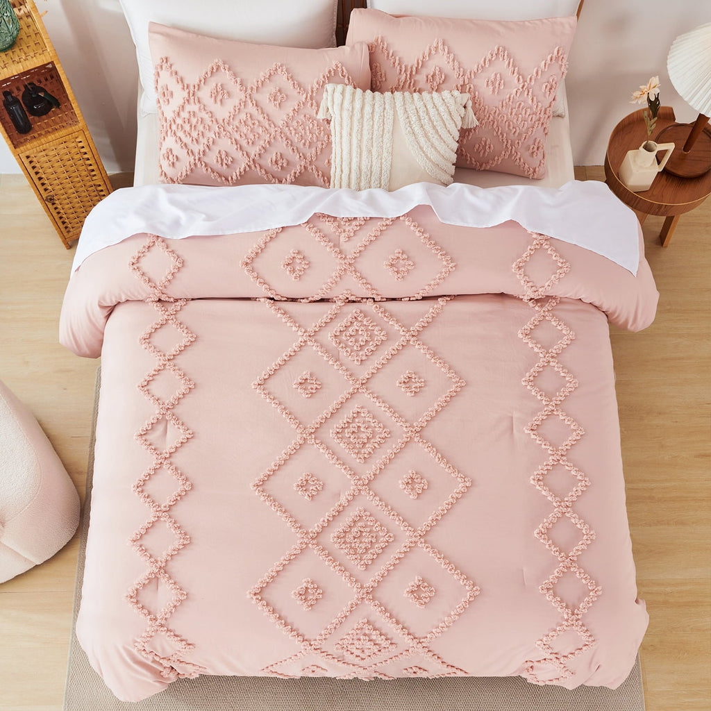 Heavyweight Warmth Pink Diamond Jacquard Comforter Set Queen 3 Pcs Bohemian Tufts Quilt Set for Kids Girls Adult 100% Soft Microfiber Be... - Cloud-Like Soft Lightweight Bed Comforter Detail