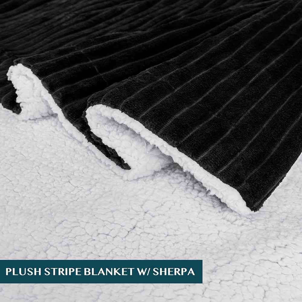 Lightweight Warm Reversible Sherpa Fleece Throw Blanket Black, Plush Flannel Throw, Ultra Soft Warm Ribbed Microfiber Blanket for Sofa... - Cozy Fleece Throw Blanket for Couch & Bed Detail