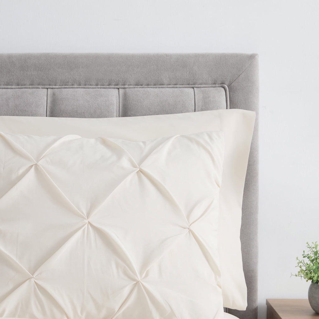 All-Season Comforter Set, 3-Piece, Queen, Pleated Wrinkle-Resistant Microfiber Bedding, Ivory, All-Season - Luxurious Quilted Duvet Cover Set Detail