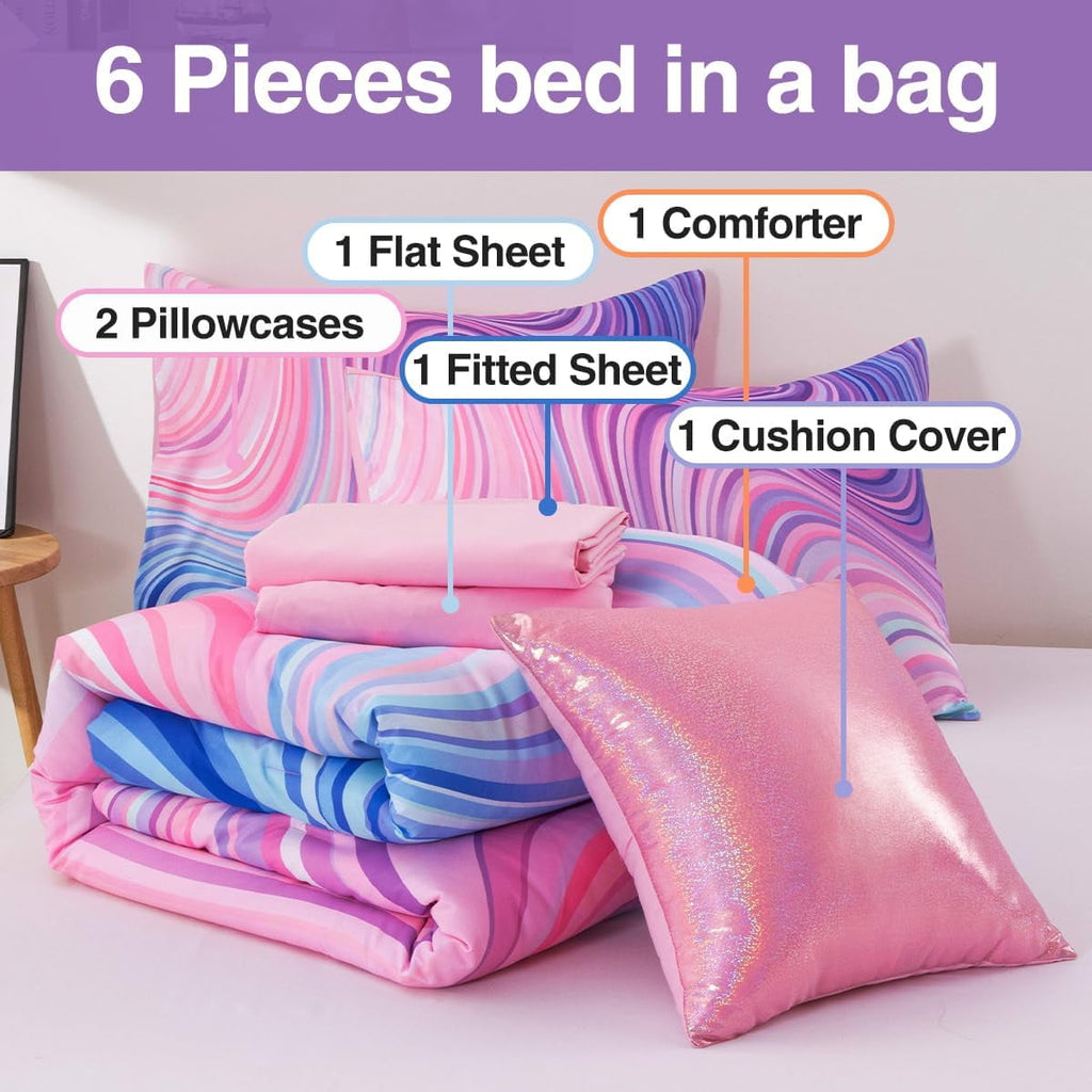 Fluffy Down Alternative 6 Pieces Gradient Star Ring Comforter Set, Colorful Glitter Rainbow Wave Stripes Pattern Bedding Set for Boys Girls T... - Luxurious Quilted Duvet Cover Set Detail