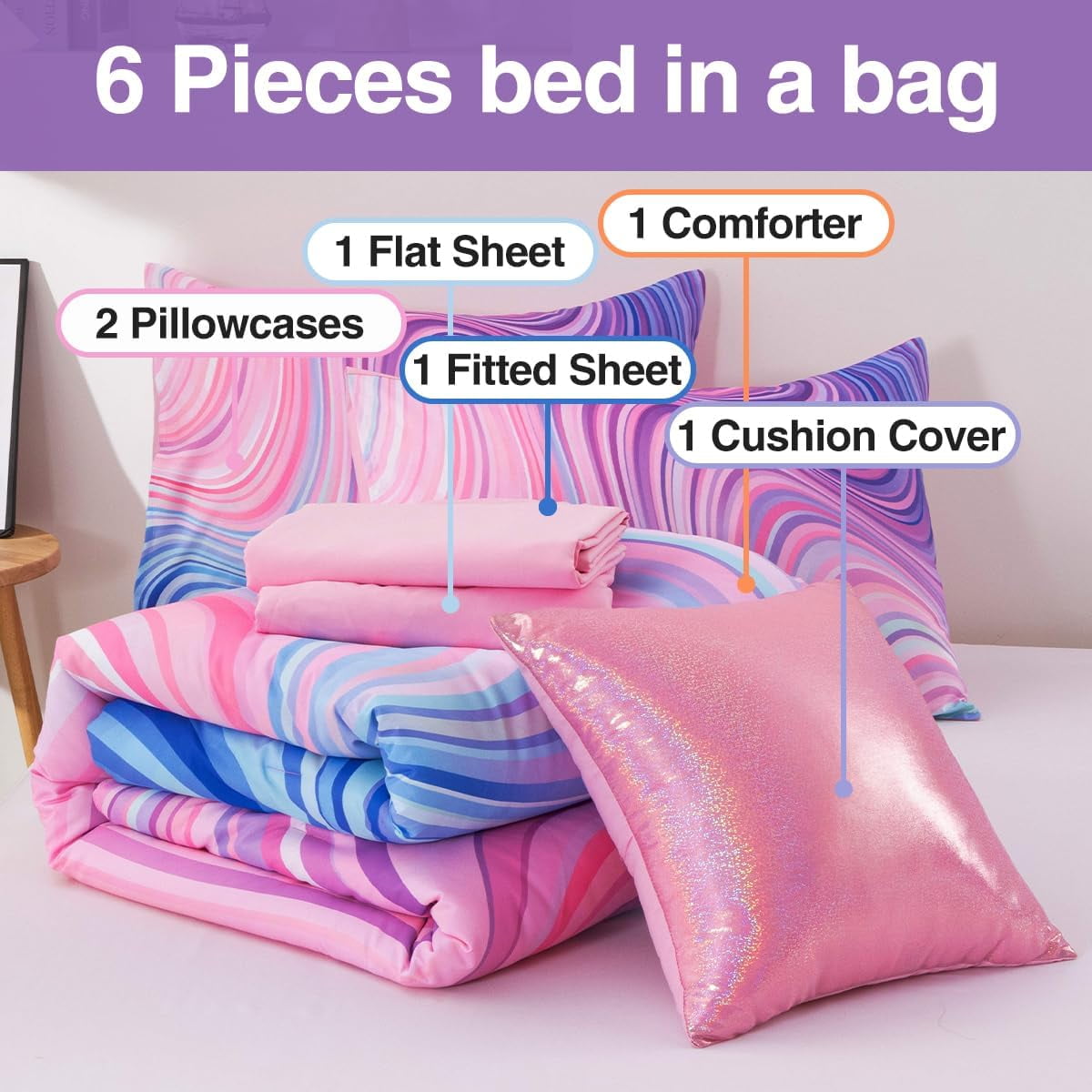 Fluffy Down Alternative 6 Pieces Gradient Star Ring Comforter Set, Colorful Glitter Rainbow Wave Stripes Pattern Bedding Set for Boys Girls T... - Luxurious Quilted Duvet Cover Set Detail