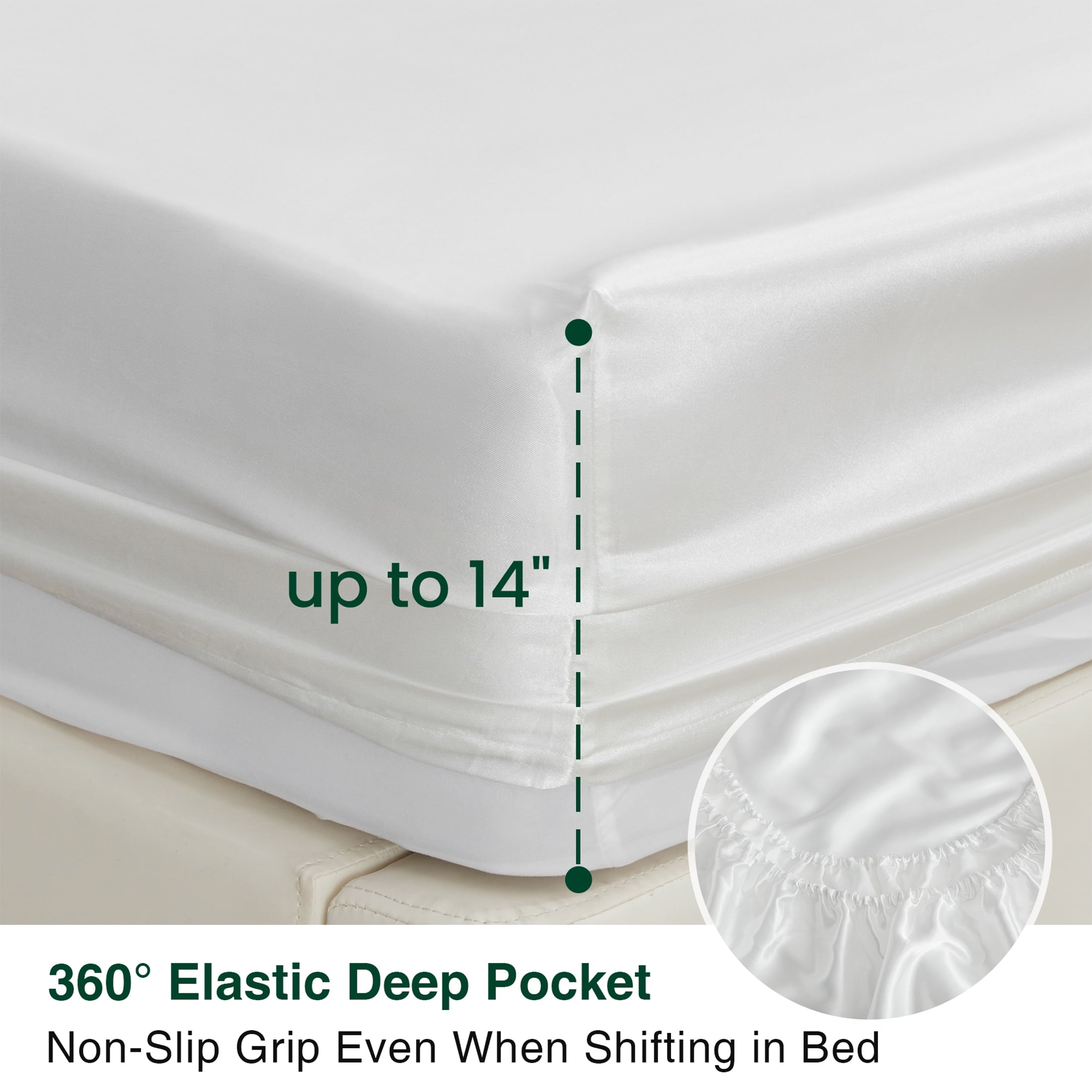 Wrinkle-Resistant Satin Sheets Full Sheet Set Deep Pocket Luxury Silky Bed Sheets for Hair and Skin 4 Pieces, White - Premium Ultra-Soft Pillowcase Pair for Sleeping Detail