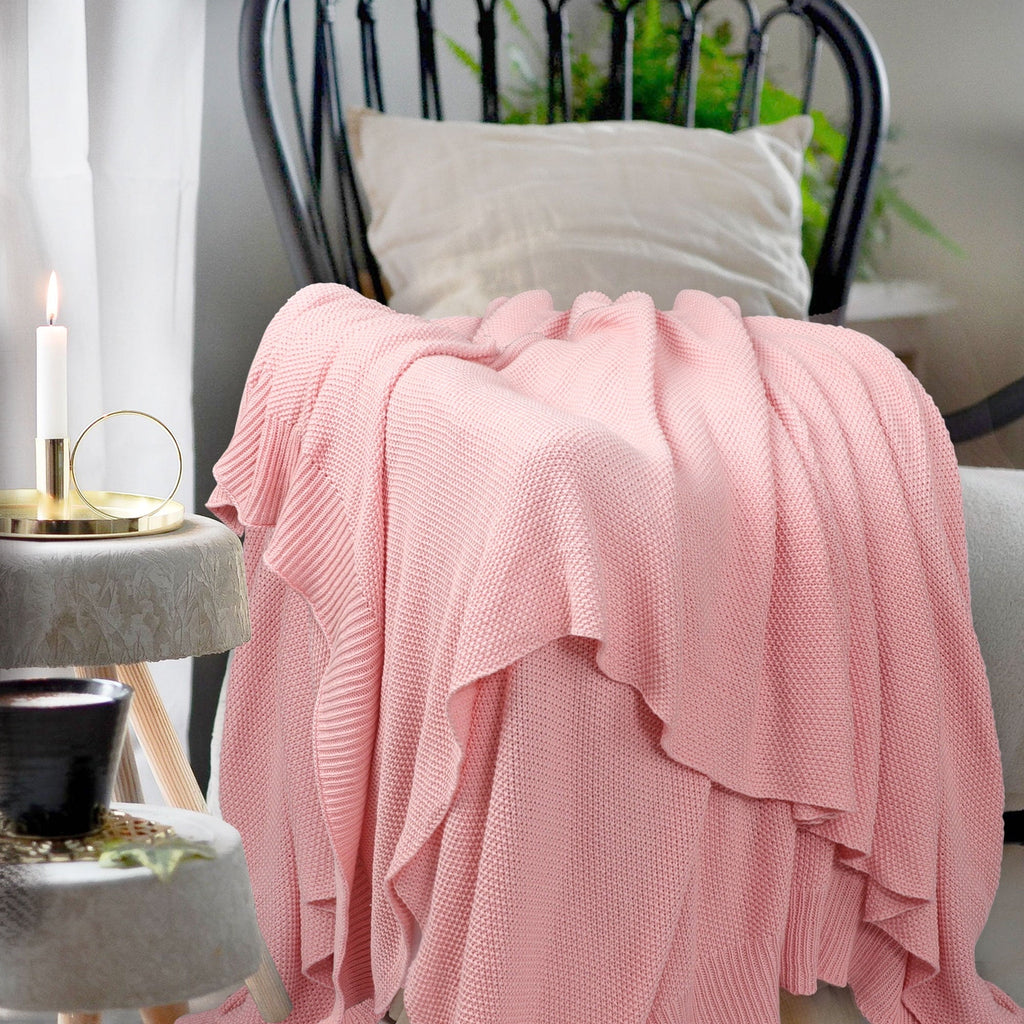 Reversible Sherpa Pure Cotton Soft Cable Knit Throw Blanket Pink 50" x 70" - Lightweight Plush Warm Blanket for All Seasons Detail
