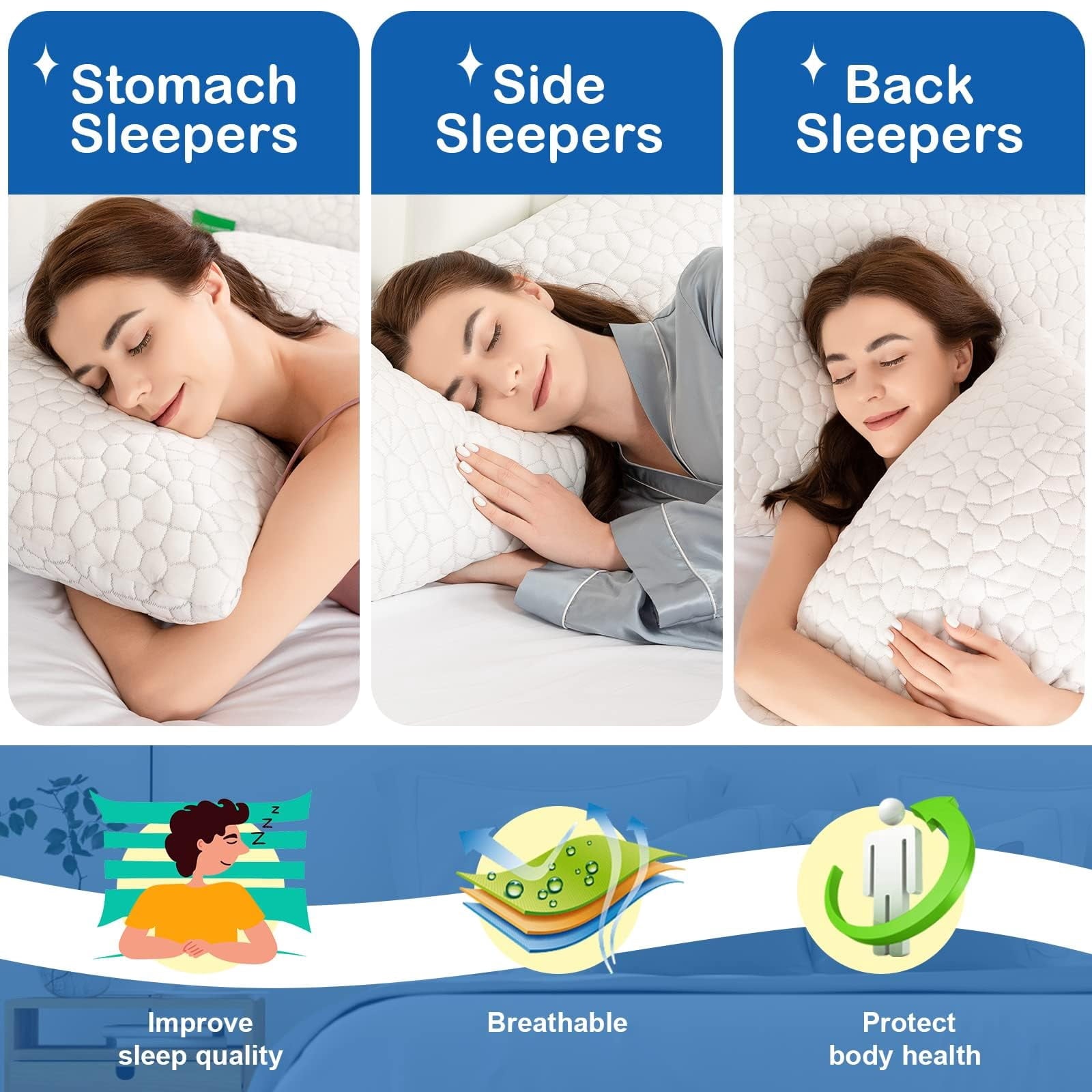 Orthopedic Support Cooling Bed Pillows Queen Size Set of 2, Shredded Memory Foam Pillows for Sleeping 2 Pack, Adjustable Soft Firm Pillo... - Orthopedic Shredded Foam Bed Pillow Set Detail