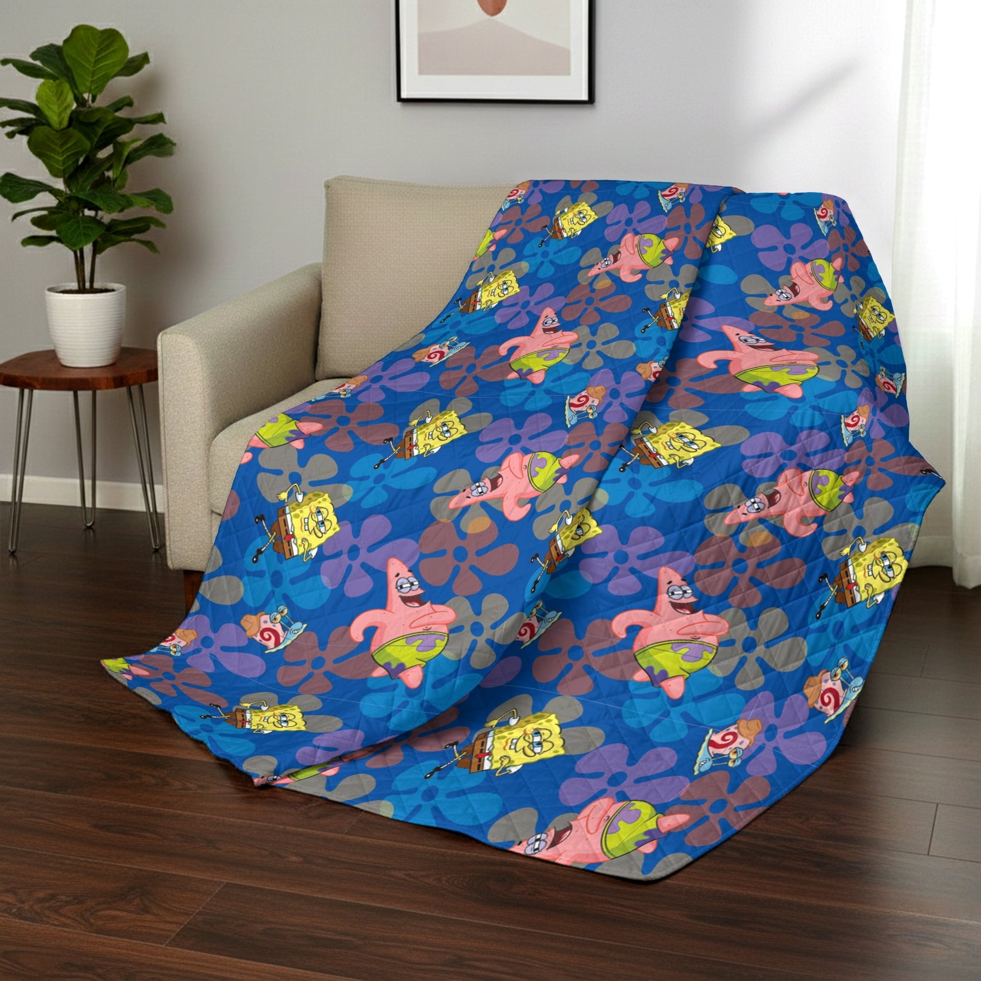 Decorative Knitted Spongebob Tropical Waltz Quilted Throw Blanket 60x80 inches, Kids Character Bedding - Cozy Fleece Throw Blanket for Couch & Bed Detail