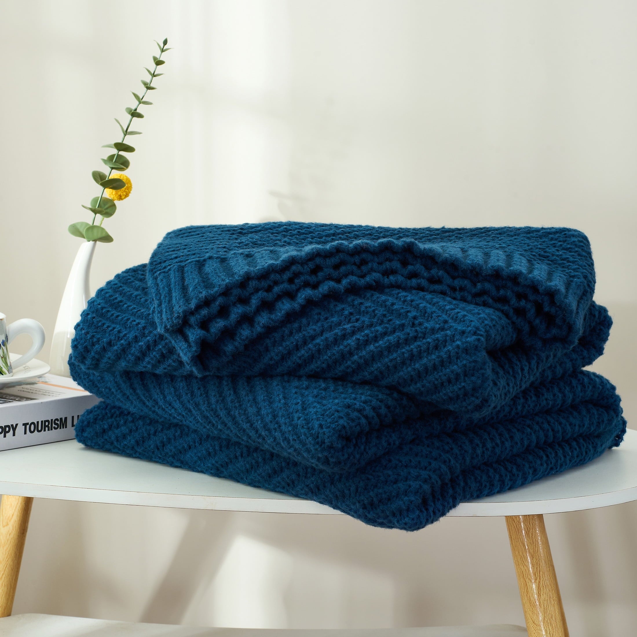 Decorative Knitted Soft Knitted Throw Blanket 50" x 60" Navy Blue, Boho Chevron Farmhouse Throw for Bed Couch - Luxury Knitted Decorative Throw Blanket with Fringes Detail