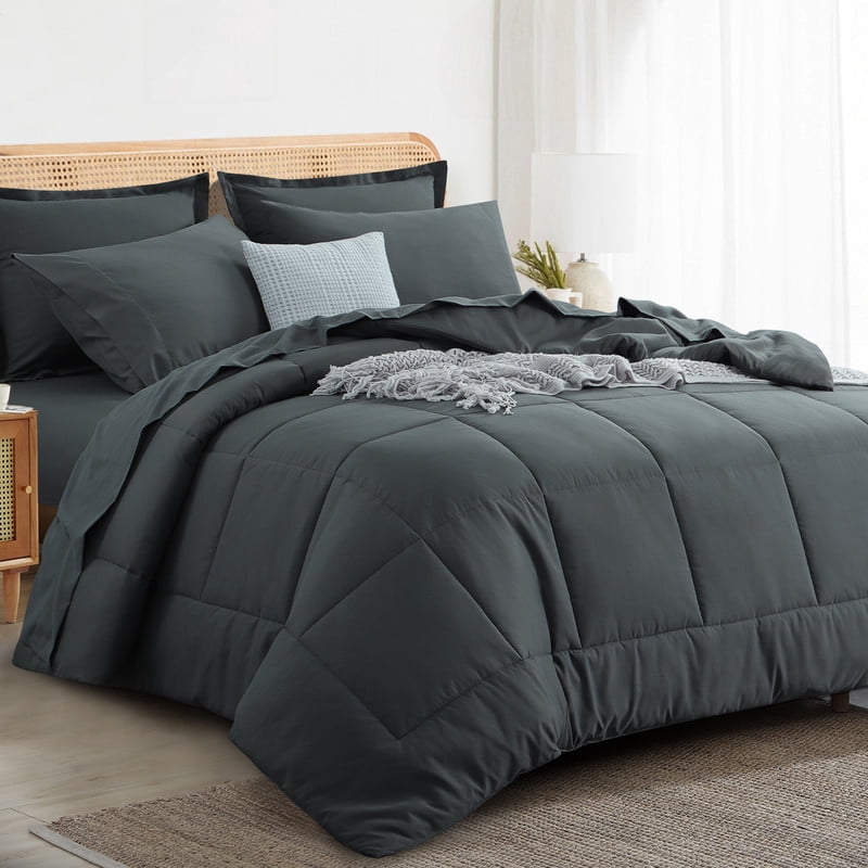 Heavyweight Warmth 7 Pieces Comforter Set with Sheets - Bed in a Bag with Comforter and All Season Sheets, Pillowcases,Dark Gray,Queen - Cloud-Like Soft Lightweight Bed Comforter Detail