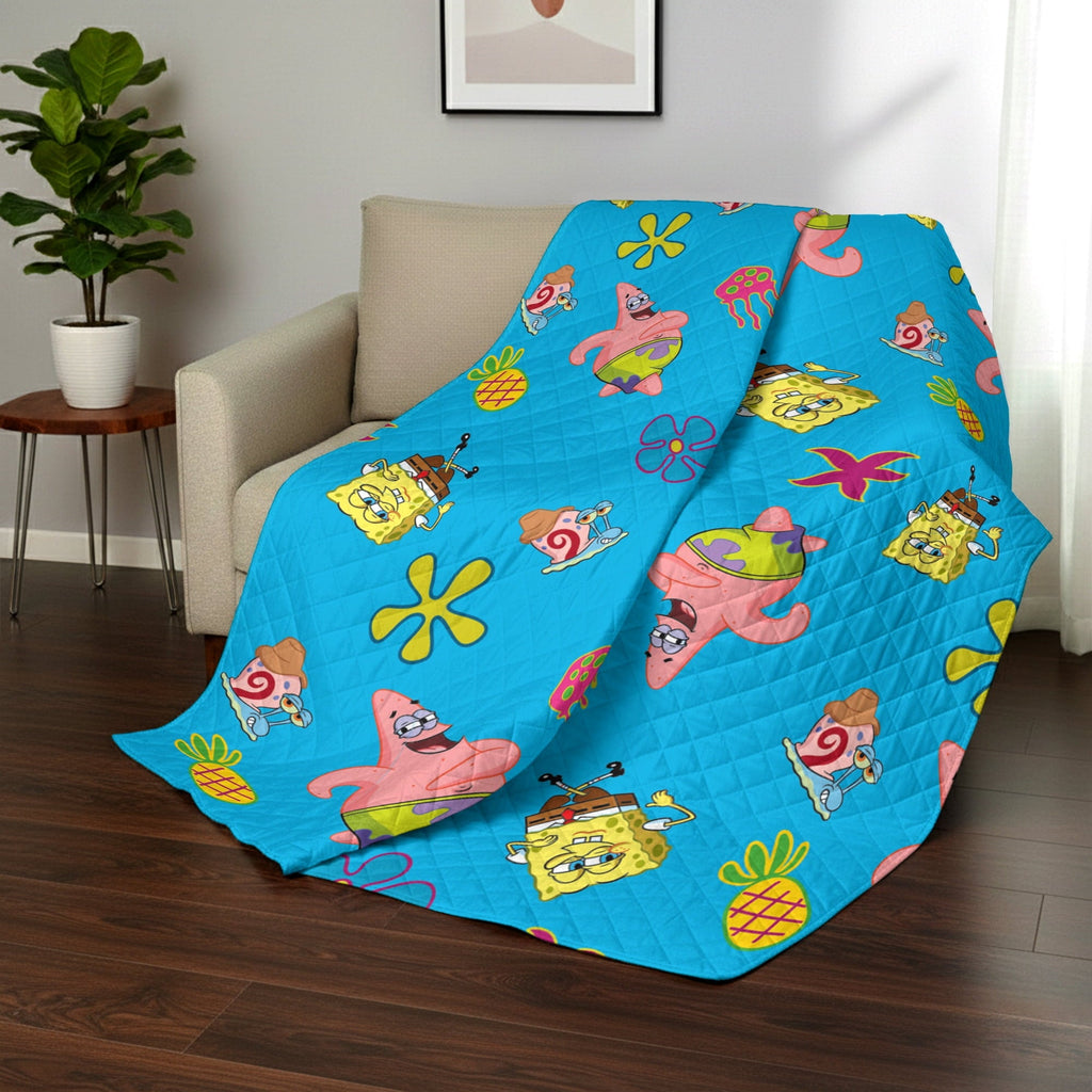 Decorative Knitted Spongebob Tropical Waltz Quilted Throw Blanket 60x80 inches, Kids Character Bedding - Cozy Fleece Throw Blanket for Couch & Bed Detail