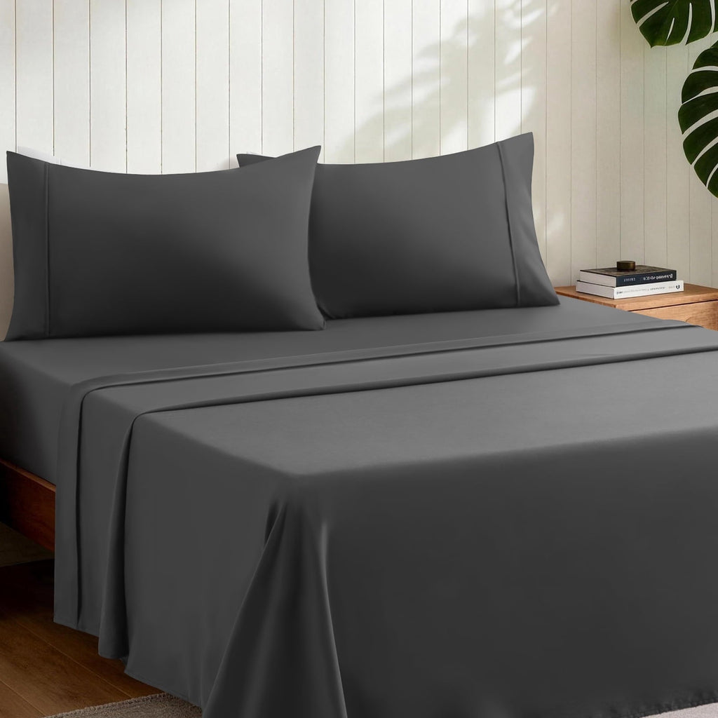 Wrinkle-Resistant Sheets,Soft Hotel Luxury Polyester Washed Cotton,4 Piece Sheets Set,with 14" Deep Pocket,Dark Gray - Luxury Bed Sheet Set with Deep Pockets Detail
