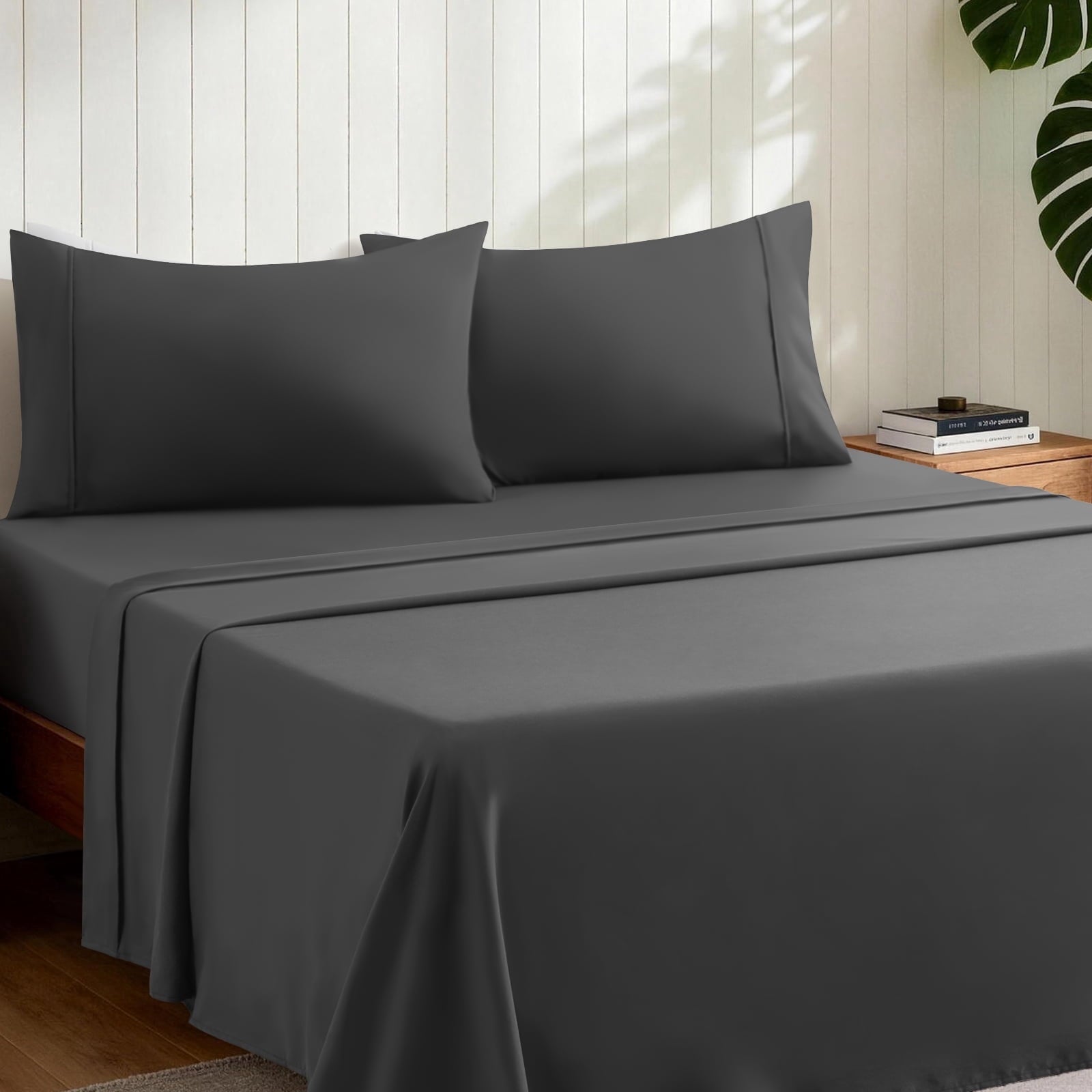 Wrinkle-Resistant Sheets,Soft Hotel Luxury Polyester Washed Cotton,4 Piece Sheets Set,with 14" Deep Pocket,Dark Gray - Luxury Bed Sheet Set with Deep Pockets Detail
