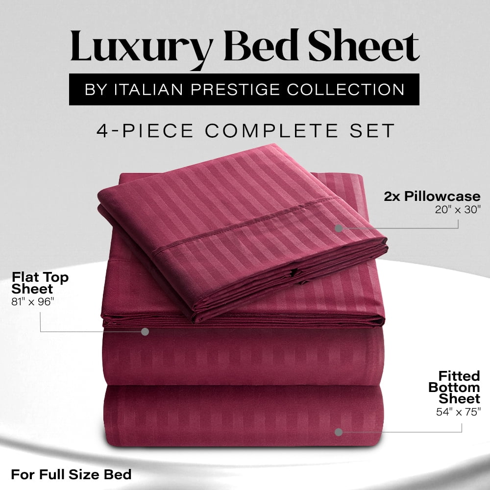 Wrinkle-Resistant Bedding Set with Flat Sheet, Fitted Bed Sheet & Pillowcases, Full Burgundy - Luxury Bed Sheet Set with Deep Pockets Detail