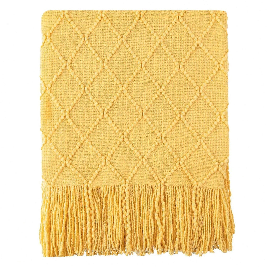 Decorative Knitted Mustard Throw Blanket for Couch,Gold Yellow Knit Throw with Fringe,Outdoor Throw ,50"x60" - Lightweight Plush Warm Blanket for All Seasons Detail