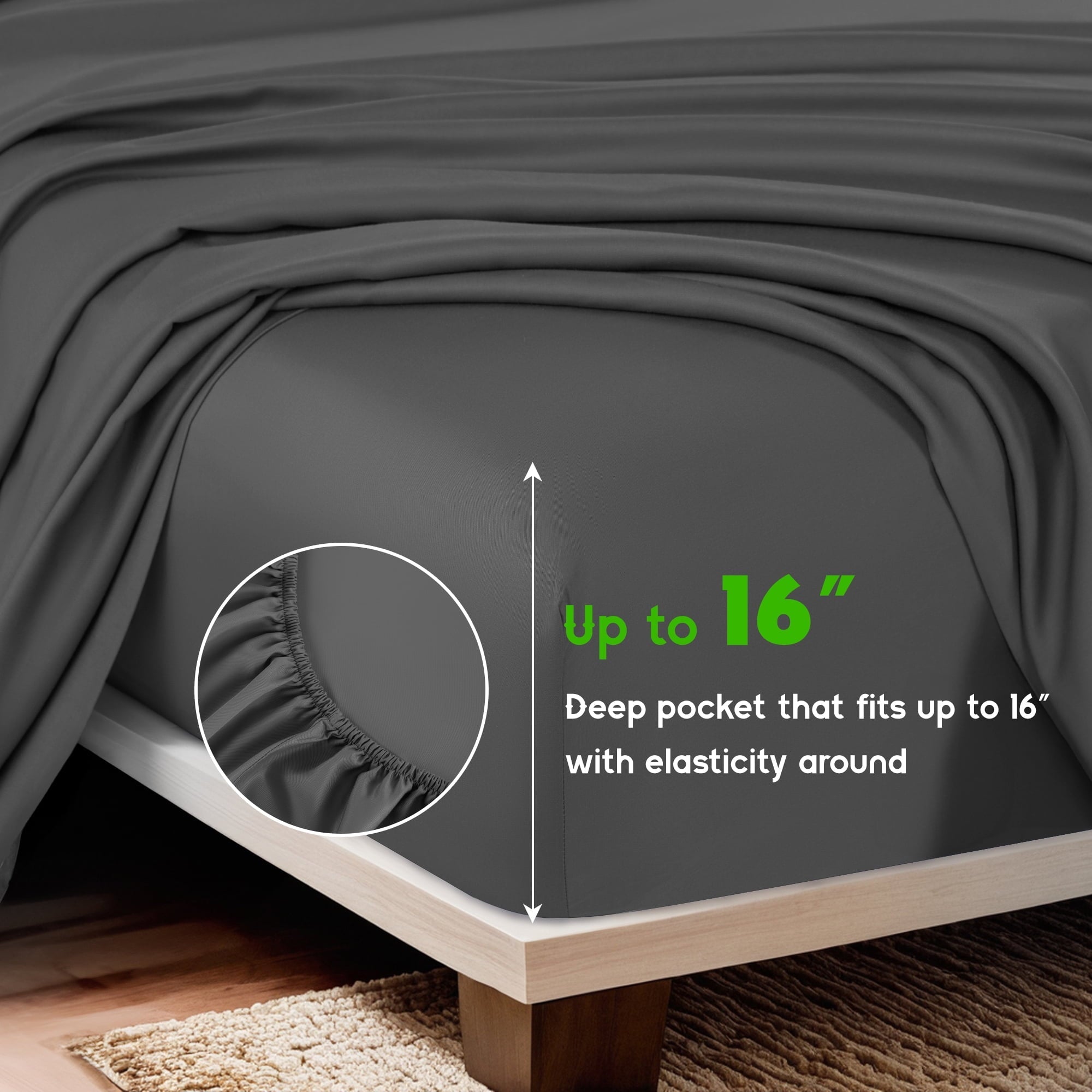 Ultra-Soft Luxury Bamboo Bed Sheet Set - Deep Pockets - 4 Piece, Queen, Dark Gray - Luxury Bed Sheet Set with Deep Pockets Detail