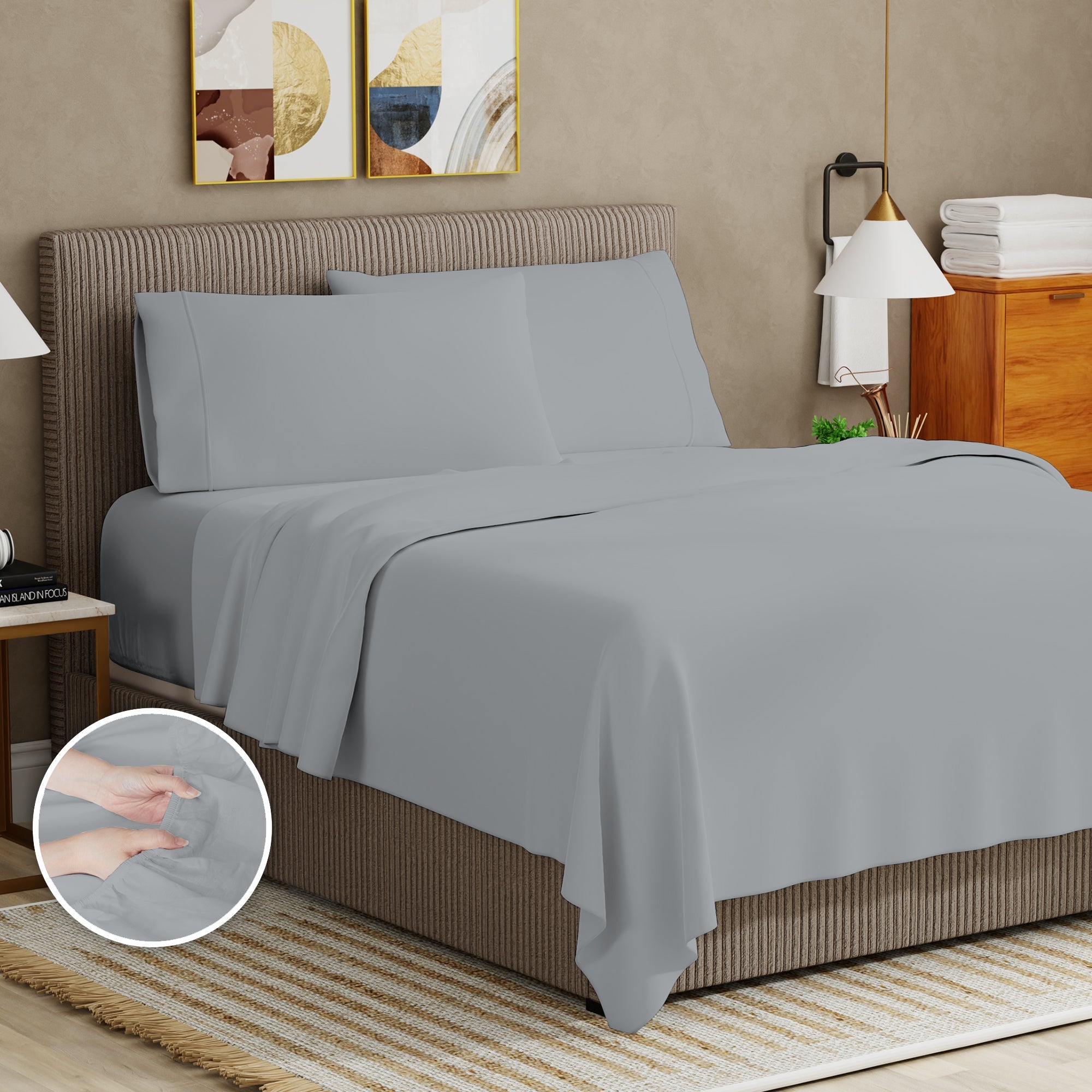 Cooling Sateen Soft Finish Microfiber Percale Queen Bed Sheet Set – 4-Piece Lightweight, Wrinkle-Resistant, Quick-Dry, Light Gray - Cooling Hotel Quality Bedding Sheets and Pillowcases Detail