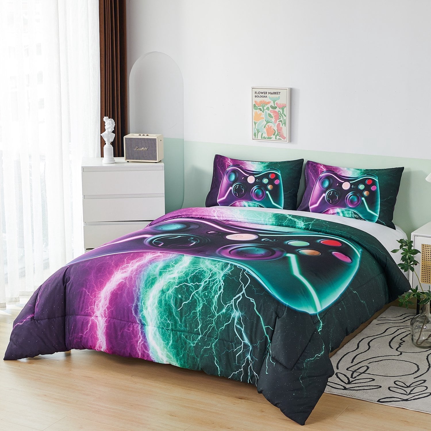 Hypoallergenic Cloud Queen Size Gaming Comforter Set for Boys,3-Piece 3D Green Purple Lightning Game Controller Bedding Set for Kids Teens - Cloud-Like Soft Lightweight Bed Comforter Detail