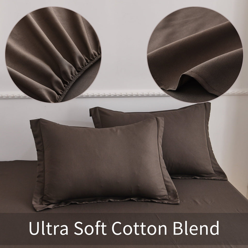 Breathable Luxury Bed Sheets Set 4 Piece Queen/Full Sheet Set Brown Gray Cotton Blend Fitted Sheet, Flat Sheet & 2 Pillowcases Bedding Set - Cooling Hotel Quality Bedding Sheets and Pillowcases Detail