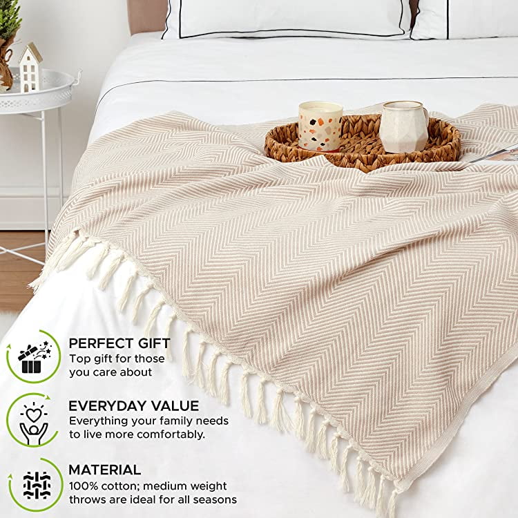 Lightweight Warm Turkish Cotton Throw Blanket & Beach Towel, 60"x70" Boho Decorative Blanket for Couch, Bed, Sofa & Outdoor, Lightweig... - Luxury Knitted Decorative Throw Blanket with Fringes Detail