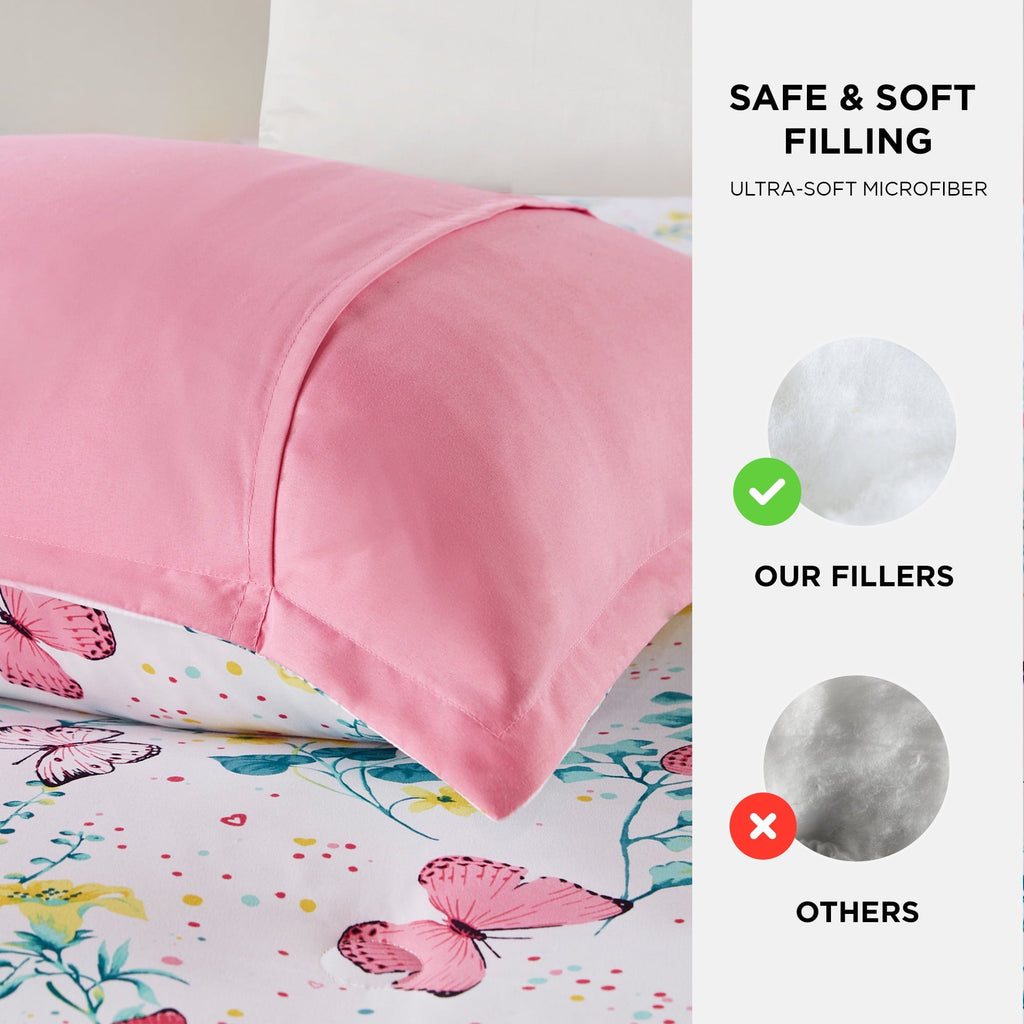 Heavyweight Warmth Full/Queen Size Comforter Sets, 4-Piece Kids Bedding Set for Girls, Butterfly Floral Comforter Bed Set, White/Pink - Luxurious Quilted Duvet Cover Set Detail