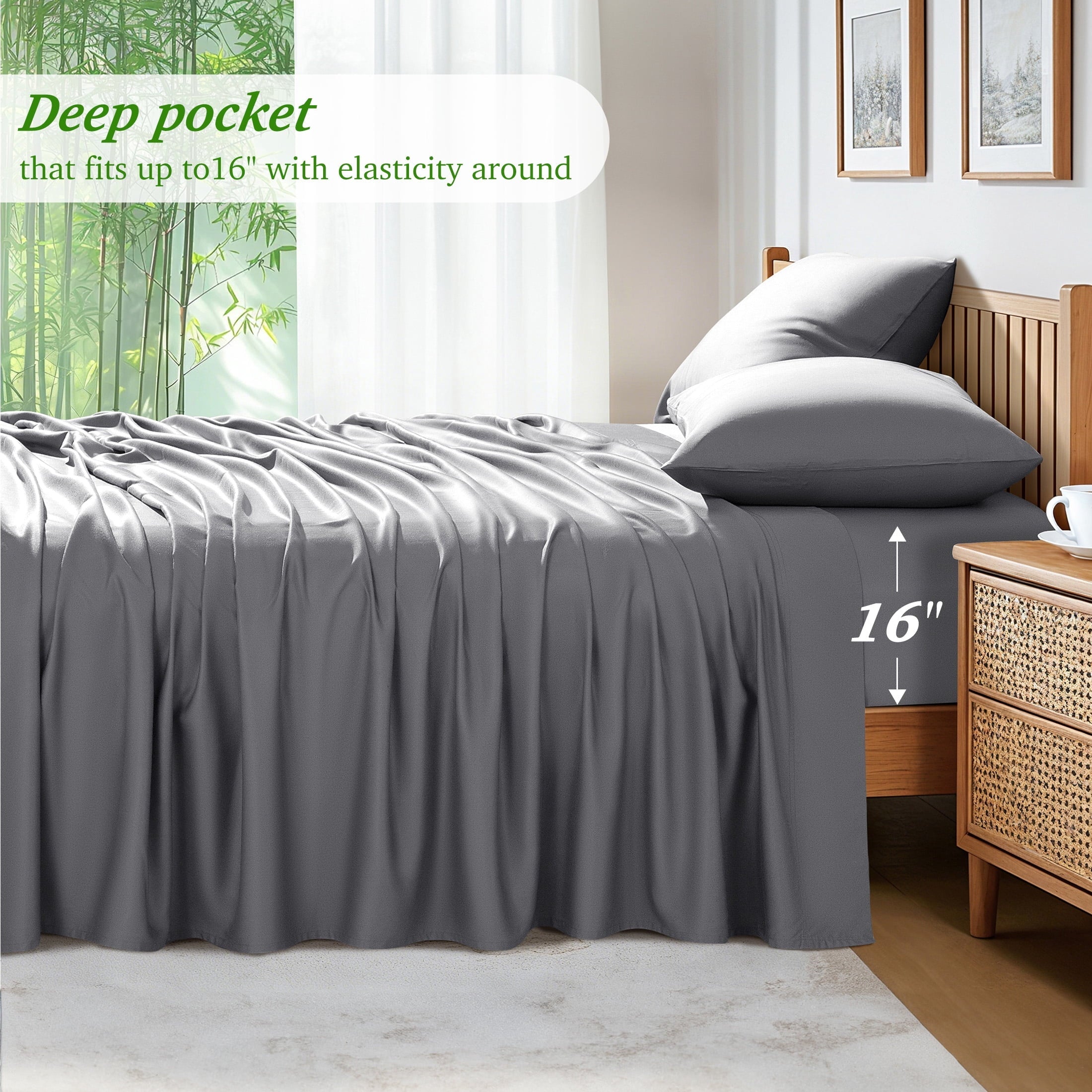 Wrinkle-Resistant Bamboo Queen Sheet Set, Luxury Soft 4 Pieces Bed Sheets with 18" Deep Pocket, Gray - Cooling Hotel Quality Bedding Sheets and Pillowcases Detail