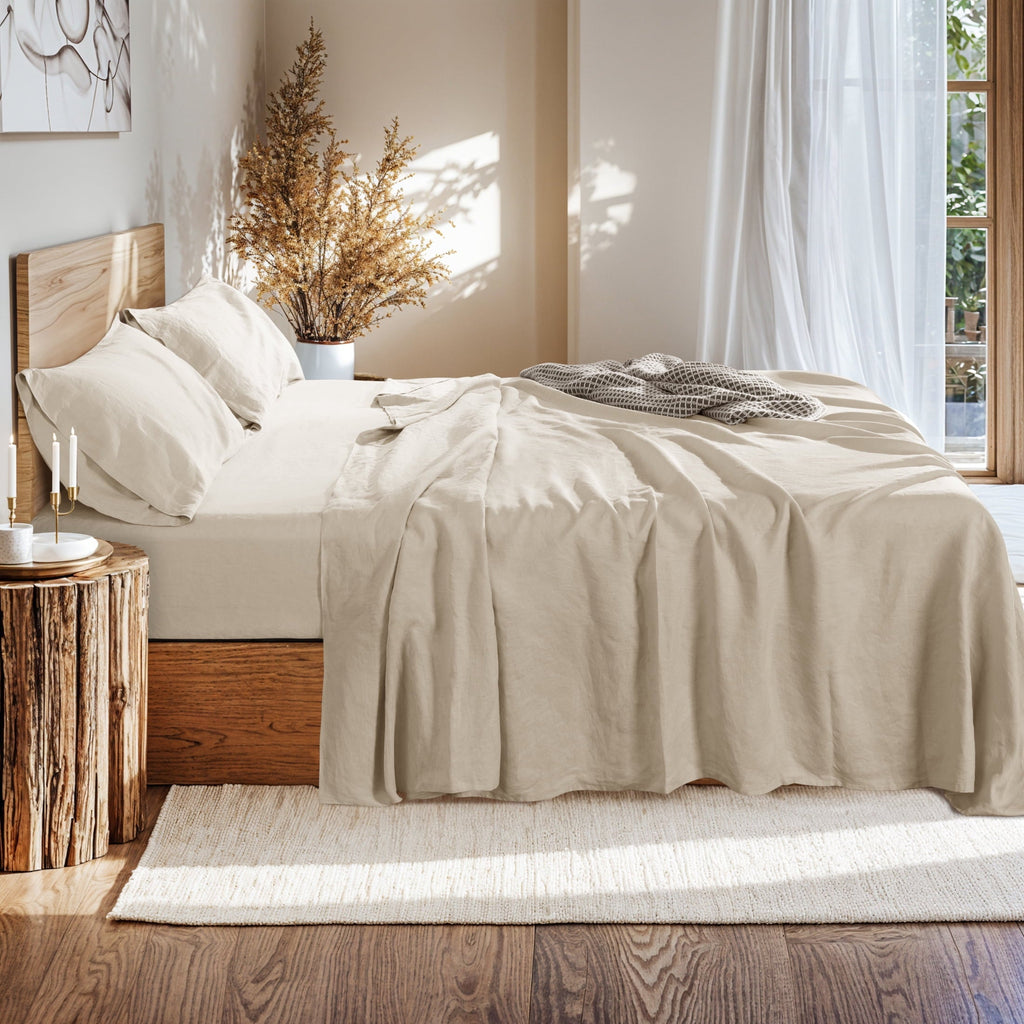Wrinkle-Resistant Natural Linen Cotton Bed Sheets Set, Deep Pocket - Breathable - Durable - 4 Pieces (Linen, Queen) - Premium Ultra-Soft Pillowcase Pair for Sleeping Detail