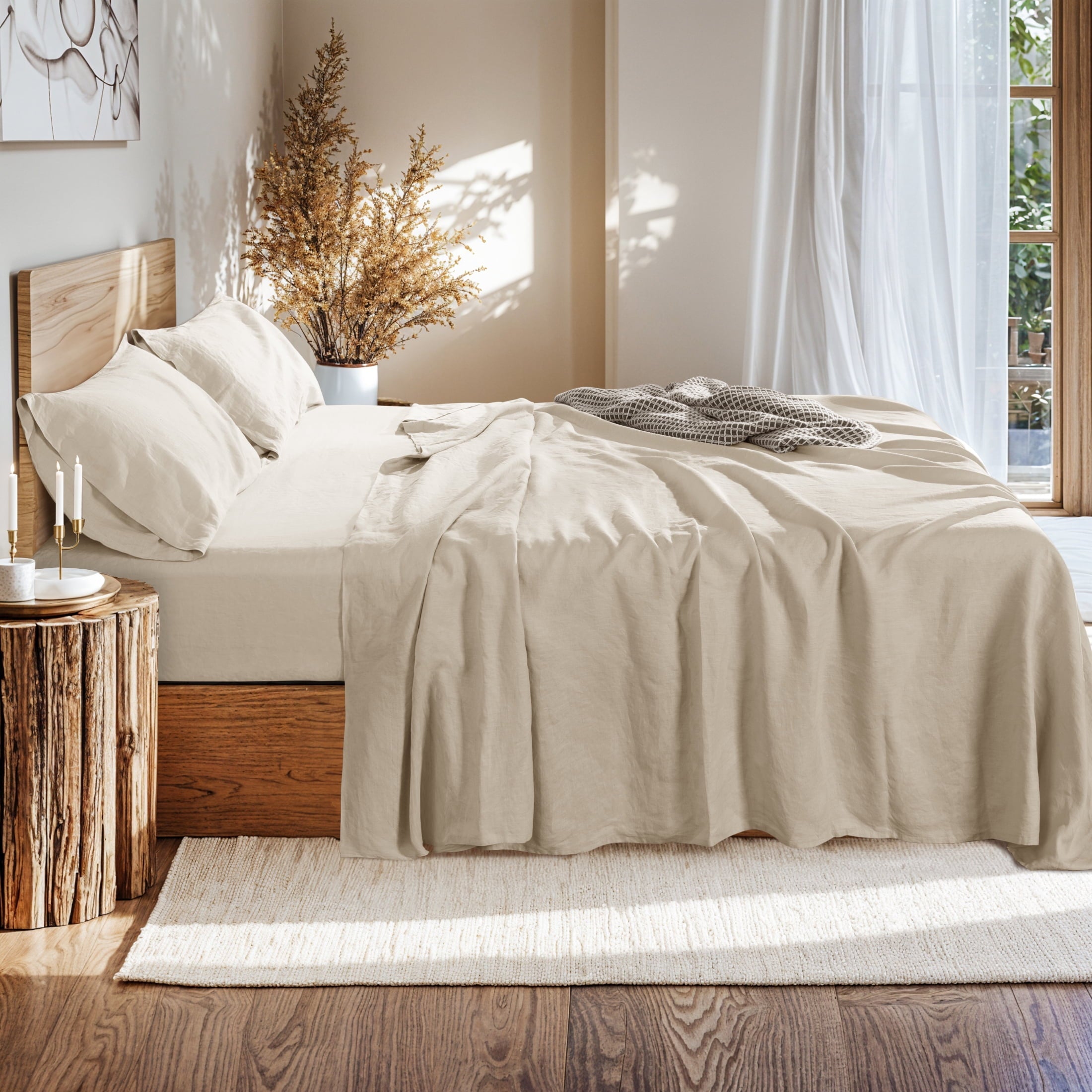 Wrinkle-Resistant Natural Linen Cotton Bed Sheets Set, Deep Pocket - Breathable - Durable - 4 Pieces (Linen, Queen) - Premium Ultra-Soft Pillowcase Pair for Sleeping Detail